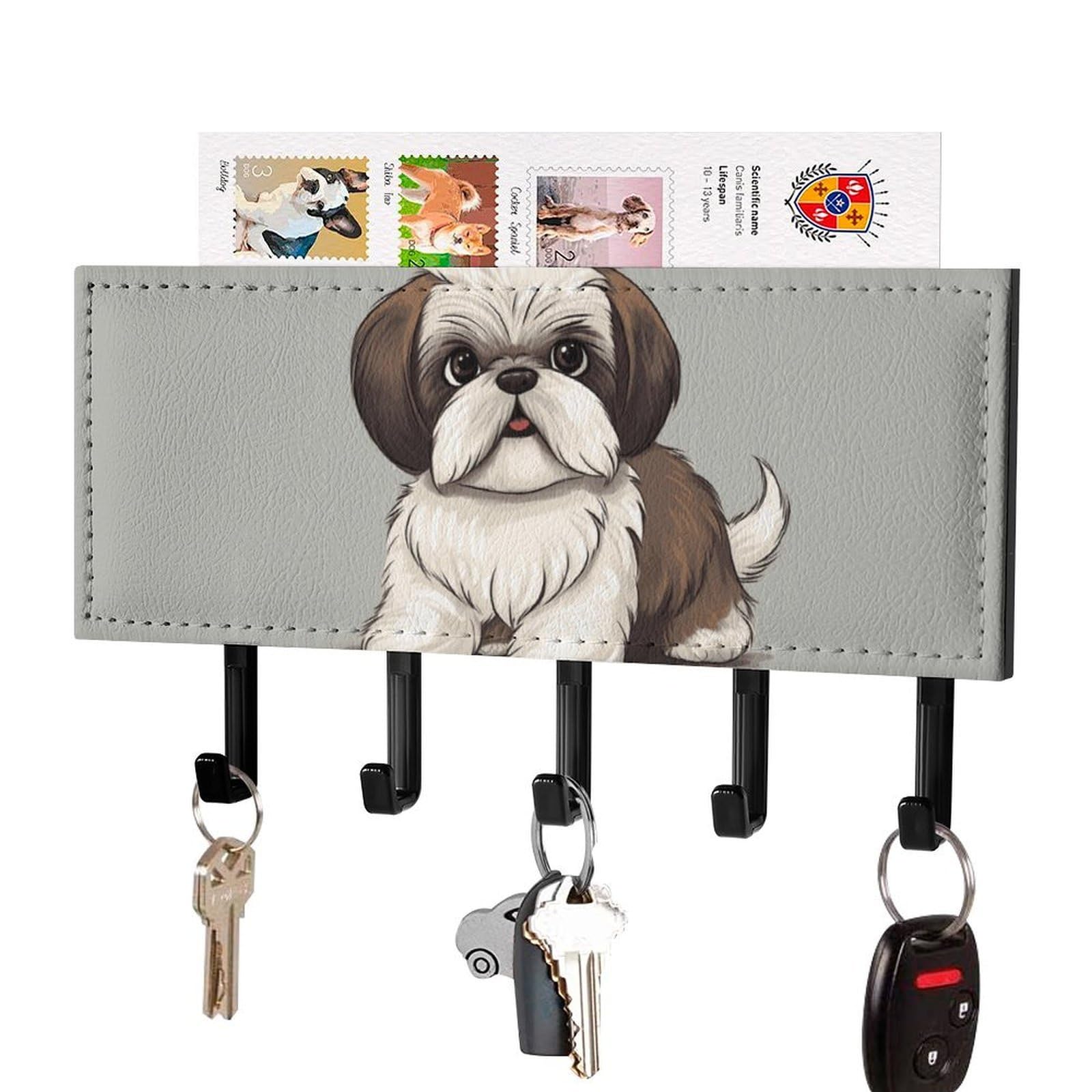 DWVTSLH Shih Tzu Dog Key Holder for Wall, Decorative Key Hooks with Mail Organizer & 5 Hooks, Self Adhesive Leather Key Hanger for Entryway, Wall Mounted Key Rack (7.1” X 4.3” X 0.9”)