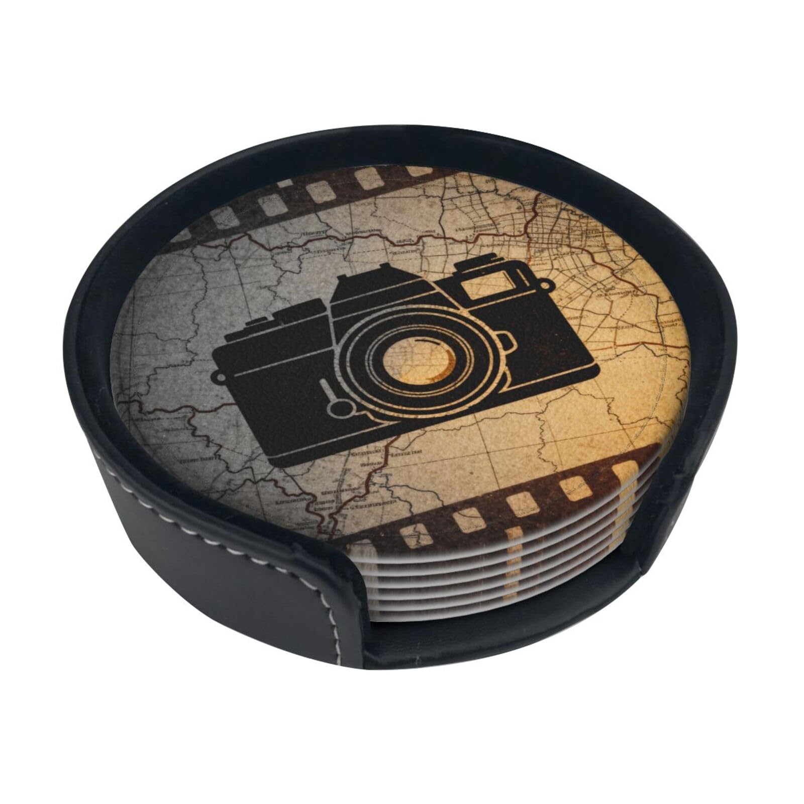 Cntdbu White Camera Map Icon Leather Coasters Set Of 6-Pu Leather Drink Mats For Table, Heat Resistant Round Coasters With Holder