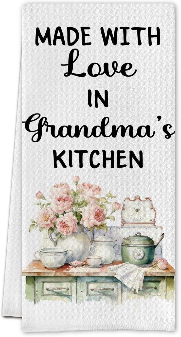 Floral Grandma Kitchen Towels, Grandma Gifts from Grandkids Dish Tea Towels, Grandmother Gifts for Birthday Christmas Decorative Hand Towel for Kitchen, 16x24 Inch