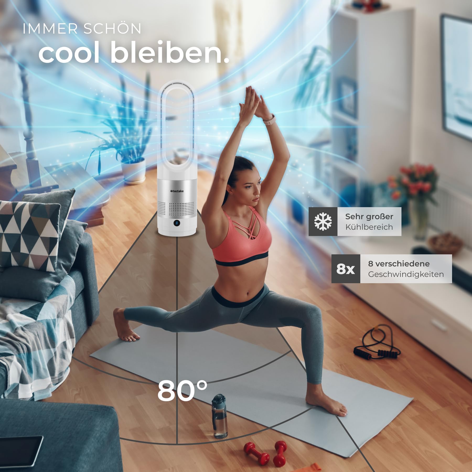 tectake® rotorloser Ventilator mit Fernbedienung, Turmventilator, cooling ace Lüfter, Luftkühler, mobiles Klimagerät, Standventilator sehr leise für Schlafzimmer geeignet, Tower Fan, Air Cooler - weiß