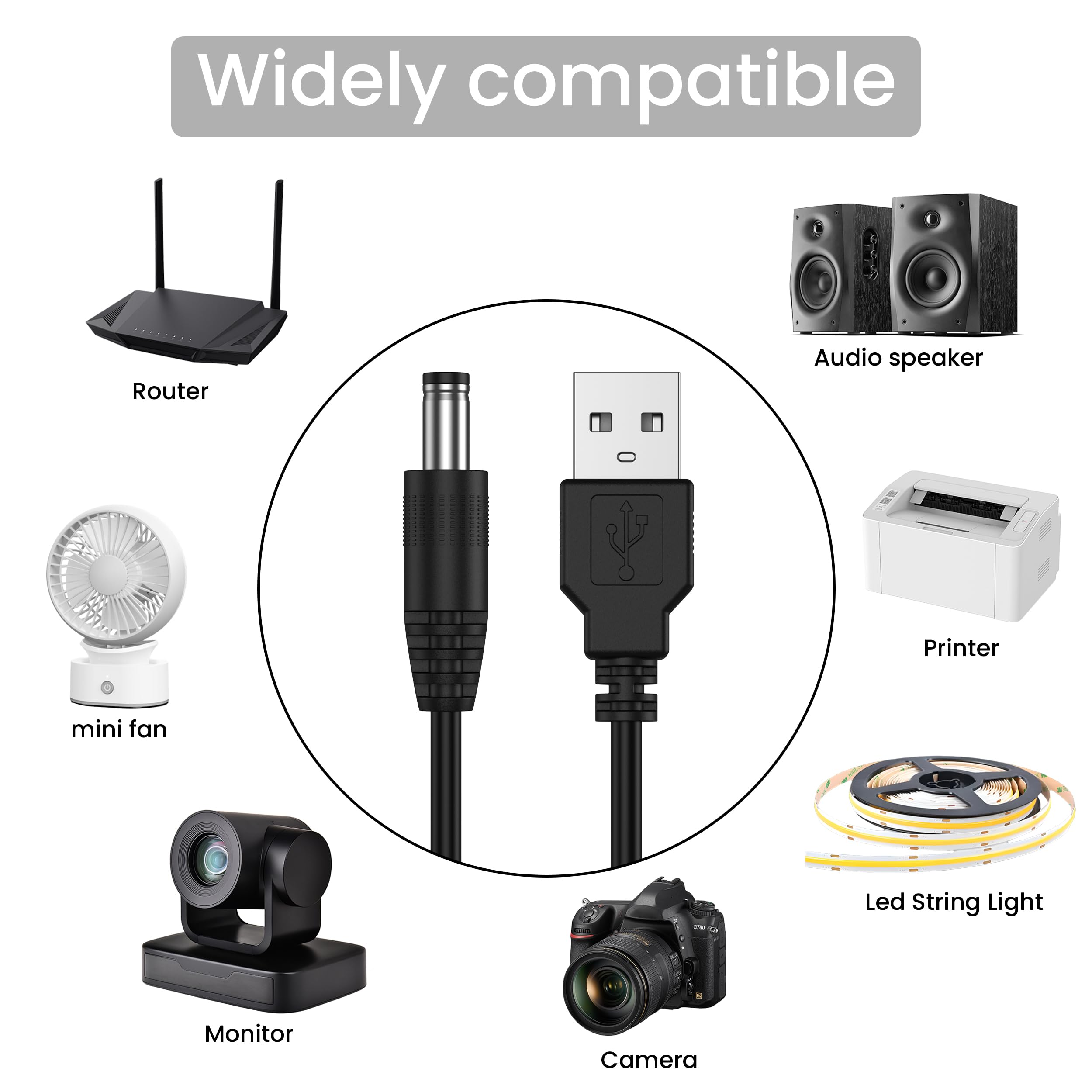 Mugust Kabel USB na DC, 8 w 1, USB A na wtyczkę drążoną, uniwersalny kabel do ładowania, kabel zasilający, kabel adaptera z 8 wtyczkami do routera, golarki, TV Box, Philips Hue Hub (5 V)