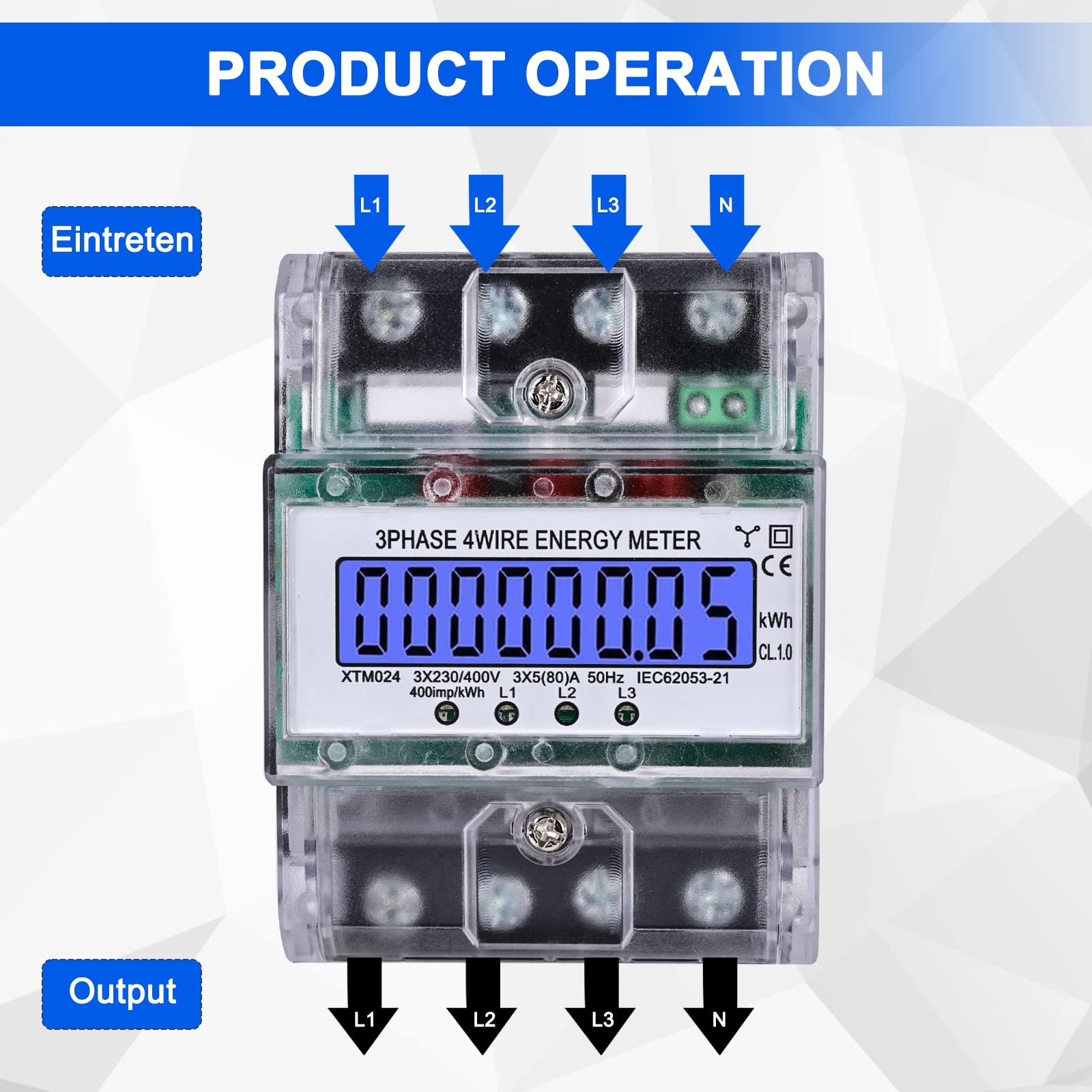 LCD Drehstromzähler Geeicht DIN Hutschiene 3 Phasen 4 Draht LCD Drehstromzähler DIN Hutschiene – 3-Phasen Stromzähler Geeicht 100A 230/400V Energiezähler 230/400V