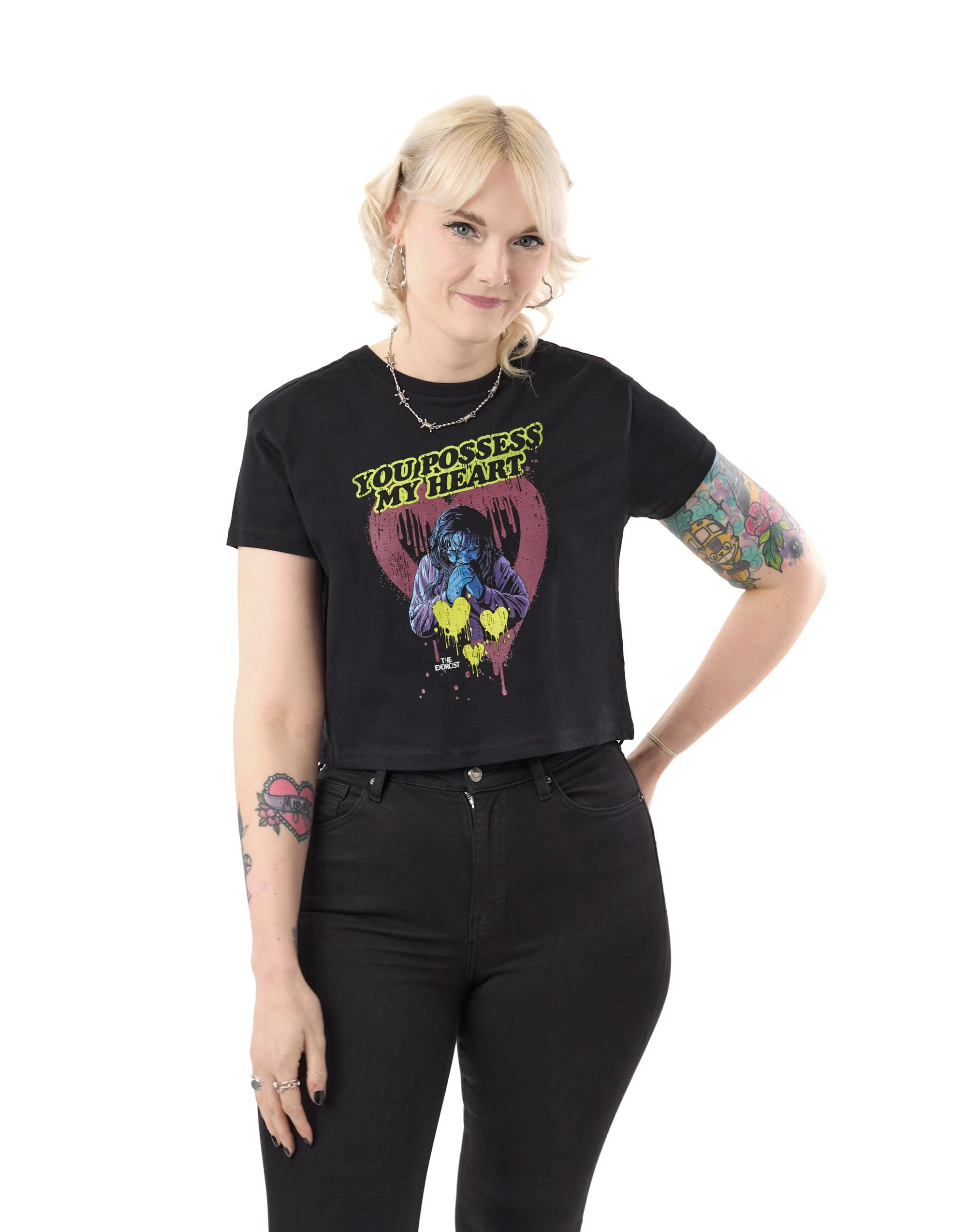 The Exorcist Women's Black Cropped Graphic Tee | You Possess My Heart Short Sleeve T-Shirt | Horror Movie Merchandise | Cult Classic Crop Top | Gothic Fashion Apparel | Dark Fantasy Clothing for Her