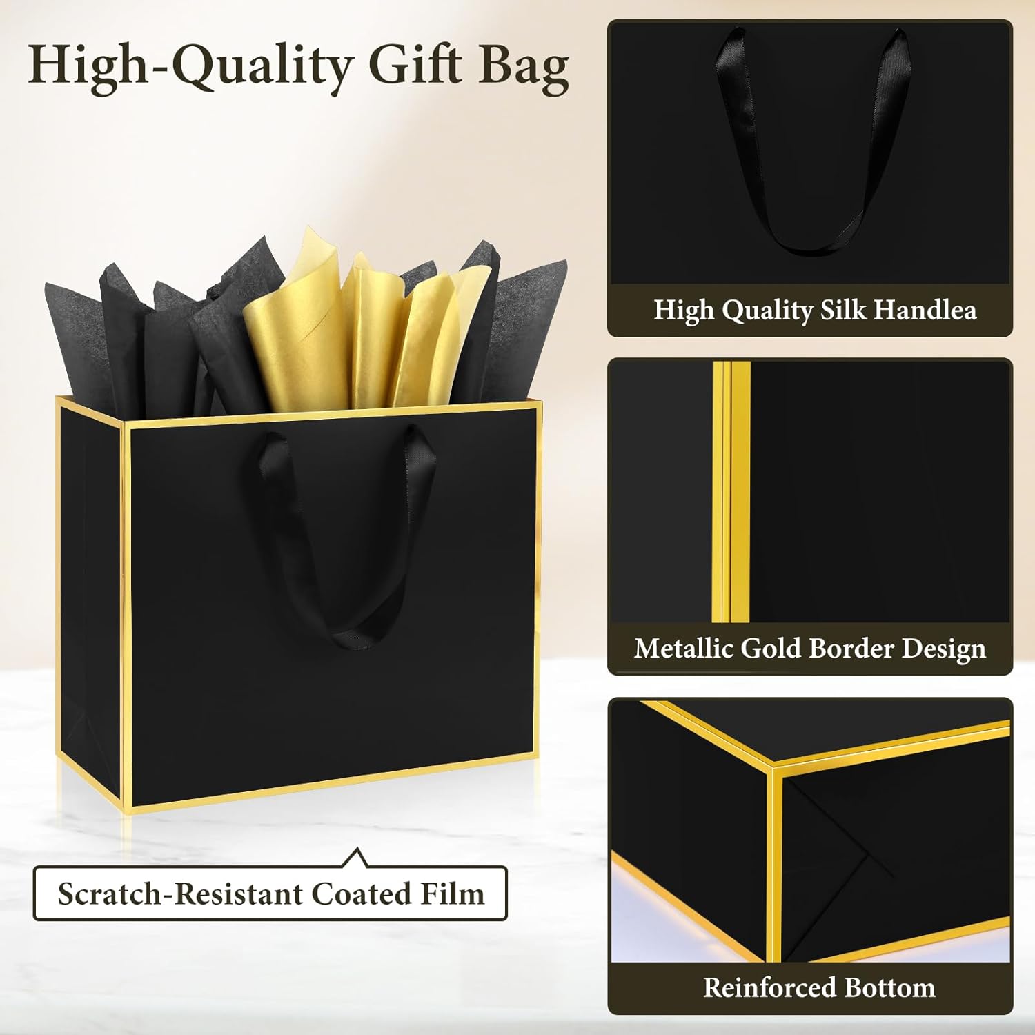 Addblu 12 Pack Large Gift Bags with Handles - Includes 36 Tissue Papers, 11.8x10x4 Inches for Thank You, Wedding, Bridesmaid, Christmas, Birthday, Party Five Senses Gifts (Black and Gold Trim, 12Pcs) - Image 3