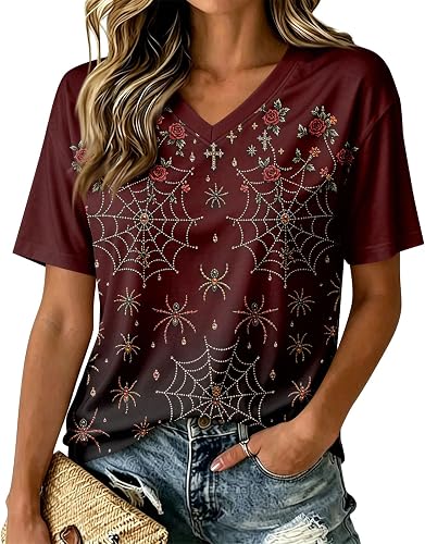 Halloween Shirts for Women Plus Size Skeleton Ribcage Print Y2k Tee Floral Skull