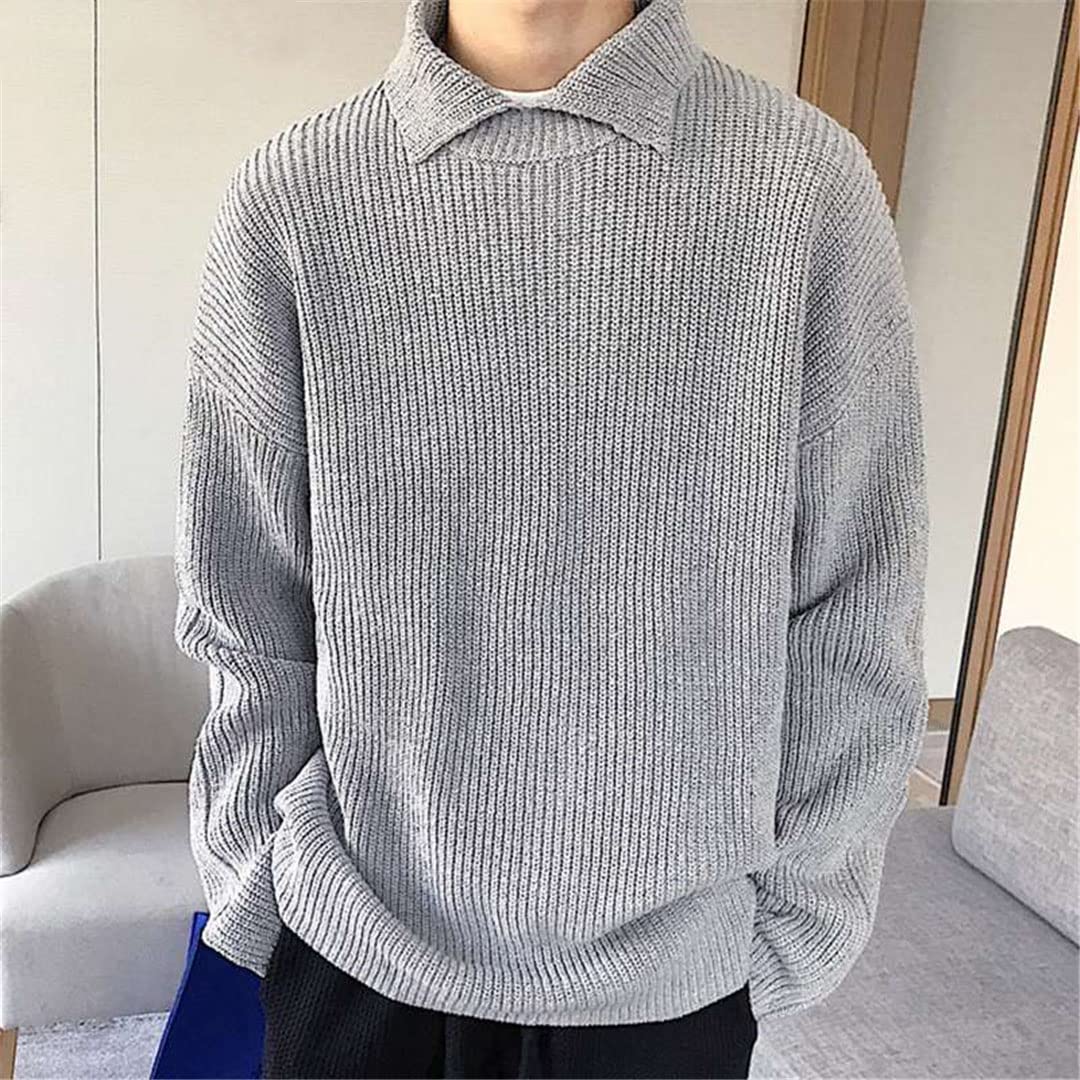 Suéter de punto para hombre, ropa de calle coreana con solapa de manga larga, ropa casual para hombre, gris, XL