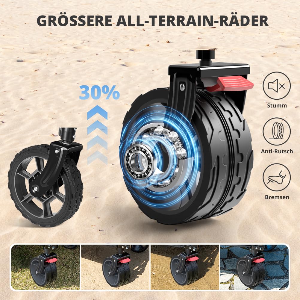 SLIDBEAT XXL Bollerwagen Faltbar 220L 200KG, Faltbarer Bollerwagen mit Bremsen, Getränkehalter Verstellbarem Griff Klappbollerwagen mit All Terrain Rädern Für Camping Outdoor Garten Shopping