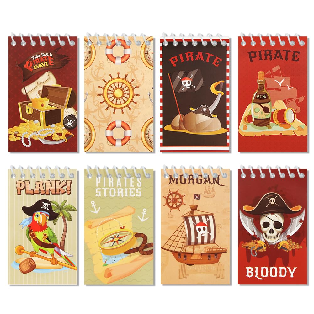Boerni 8 Pcs Pirate Mini Notepads Pirates Parrot Spiral Pocket Notebooks Cute Small Memo Notebook for Kids Birthday Party Supplies Teacher Classroom Rewards