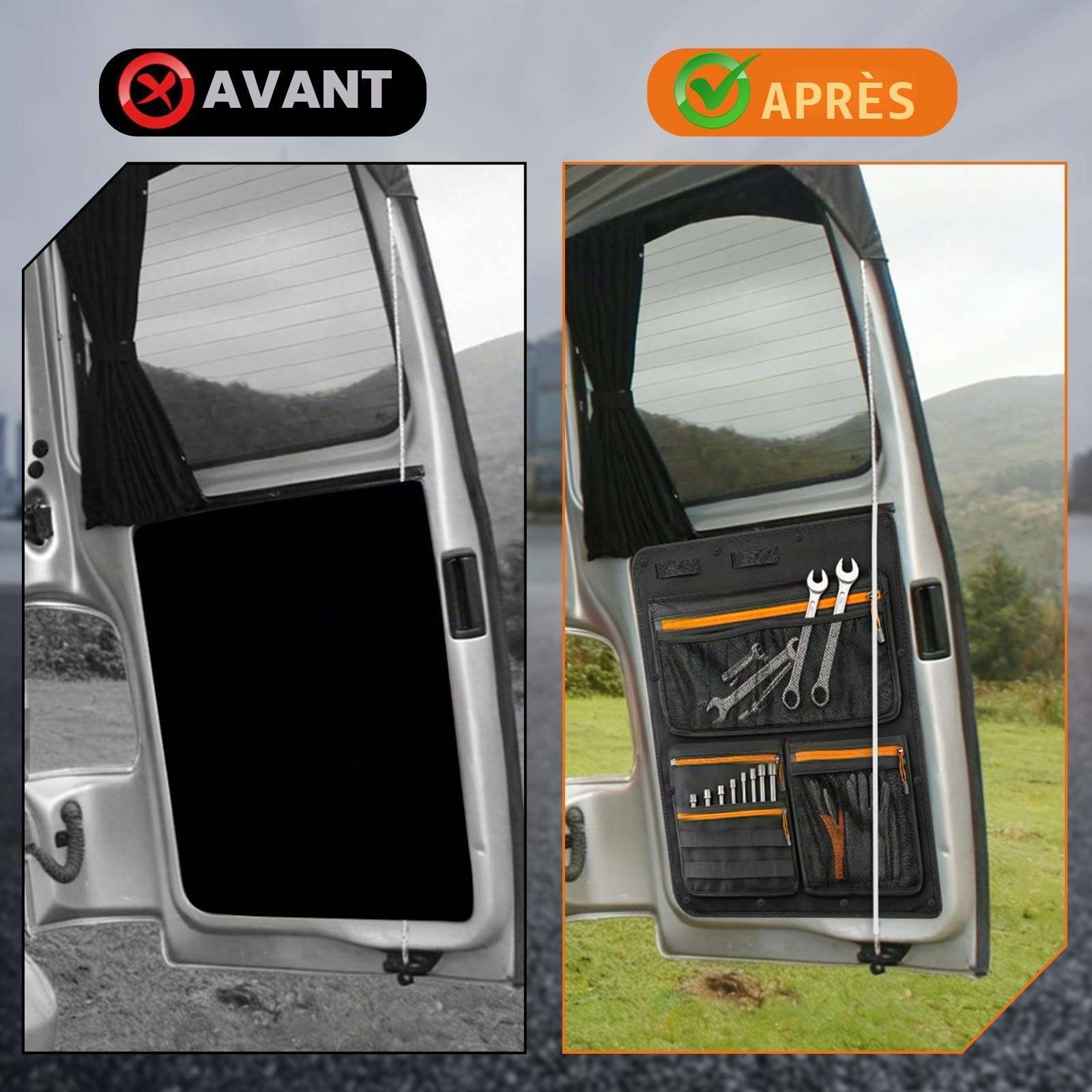 Lot de 2 Sacs de rangement pour hayon de voiture Compatible avec VW T5 T6, Organisateur de rangement pour panneau de porte arrière Tissu Oxford