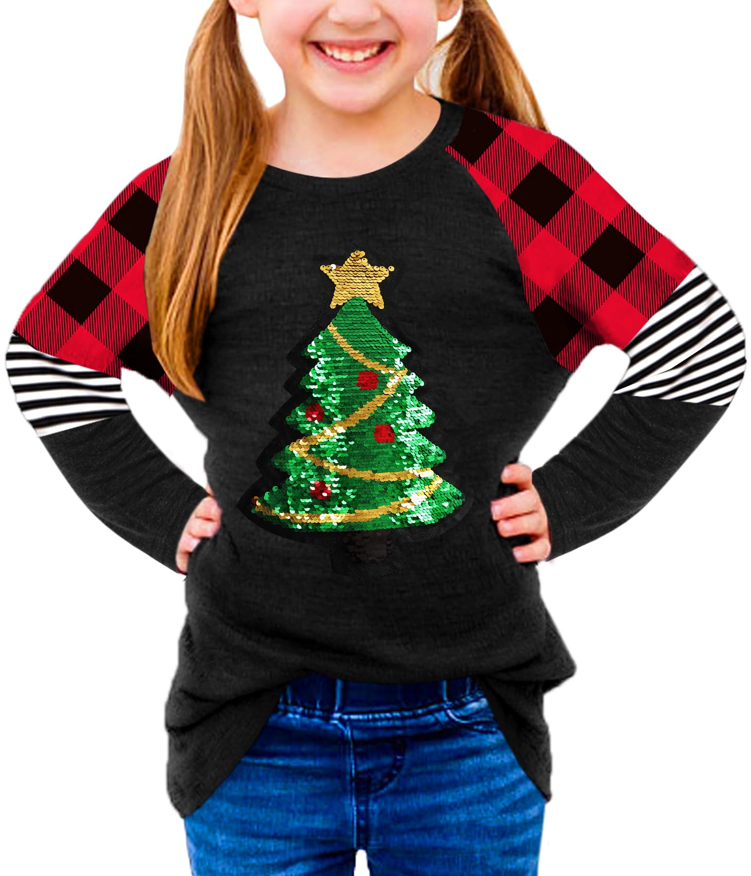 BesserBay Girls Christmas Raglan Shirt Casual Leopard Stripe Patchwork Tunic Top 4-14 Years