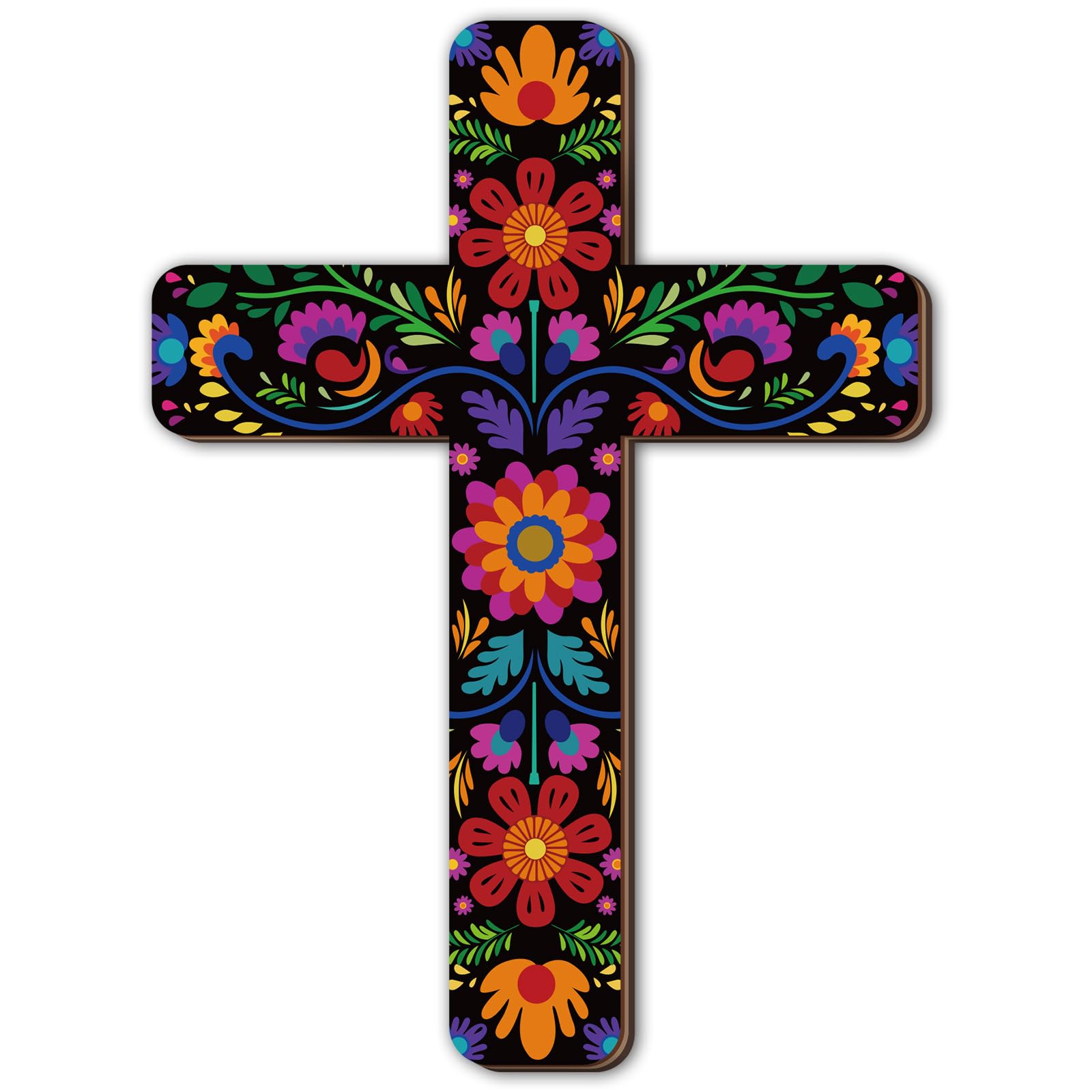 Floral Cross Wall Decor Hand Painted Decorative Inspirational Wooden Cross Mexican Art Wall Decor Mexican Crucifix for Home Room Church Decoration(Retro Style)