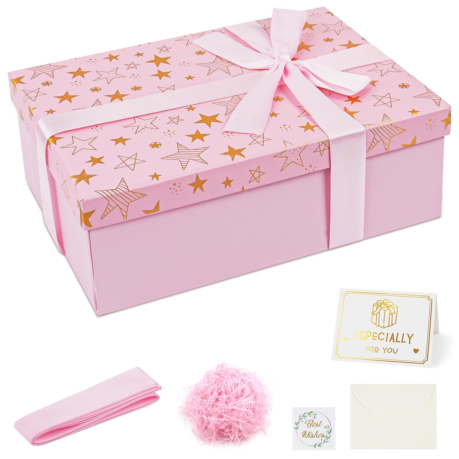 OFFCUP Gift Box with Lid, 25x18x8.5cm Luxury Gifts Boxes for Men Women, Foldable Present Box with Card Shredded Paper Ribbon for Birthdays Weddings Christmas Anniversaries (Stars)