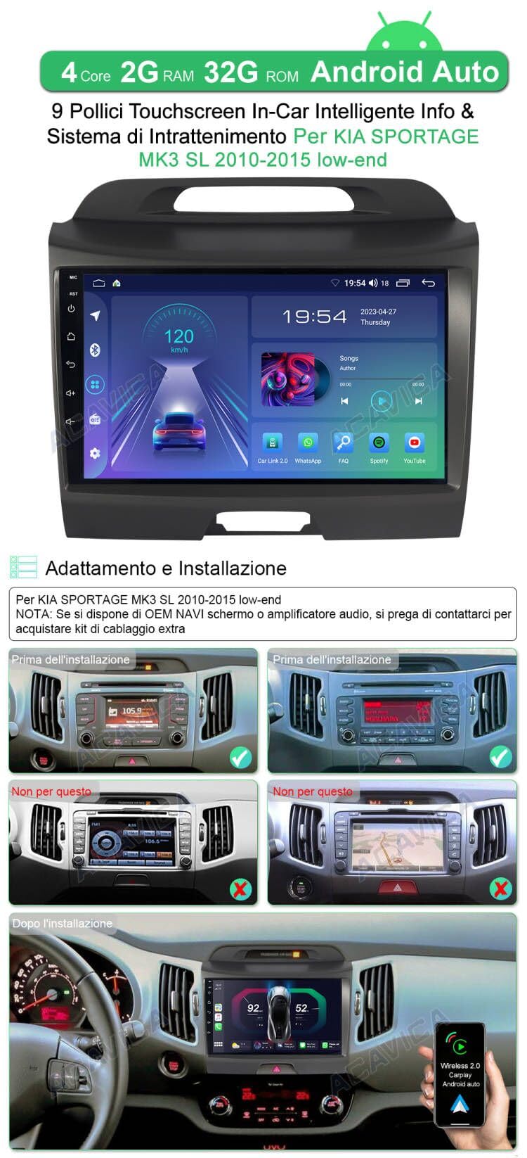 Autoradio Android 14 Per Kia Sportage 3 SL 2010-2016, Schermo IPS 10 Pollici, GPS, Carplay, 4G, Con Telecamera HD Inclusa