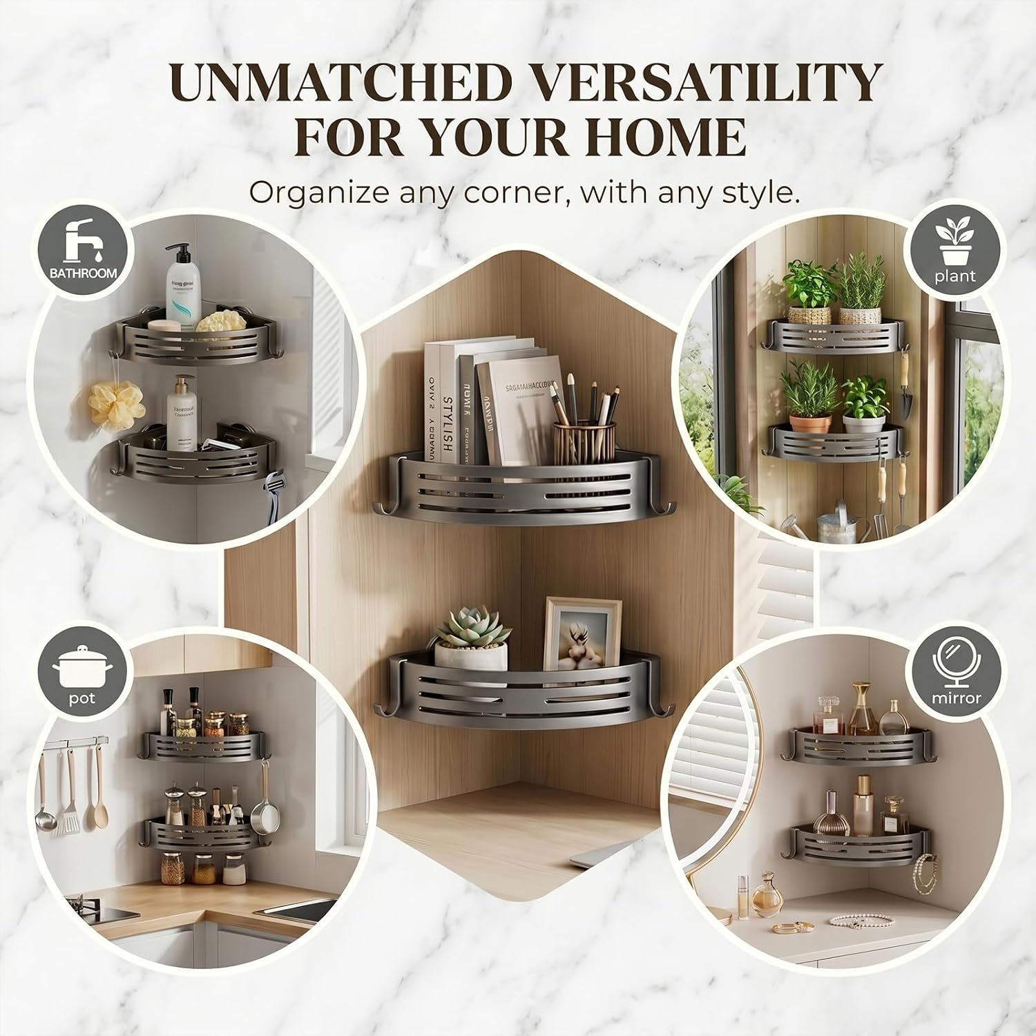 2 PCS Corner Shower Caddy Suction Cup, Rustproof Aluminum Shower Shelves with Hooks, No-Drilling Upgrade Bionic Suction Cup Shower Organizer, Removable Bathroom Storage Corner Shelf (Grey)