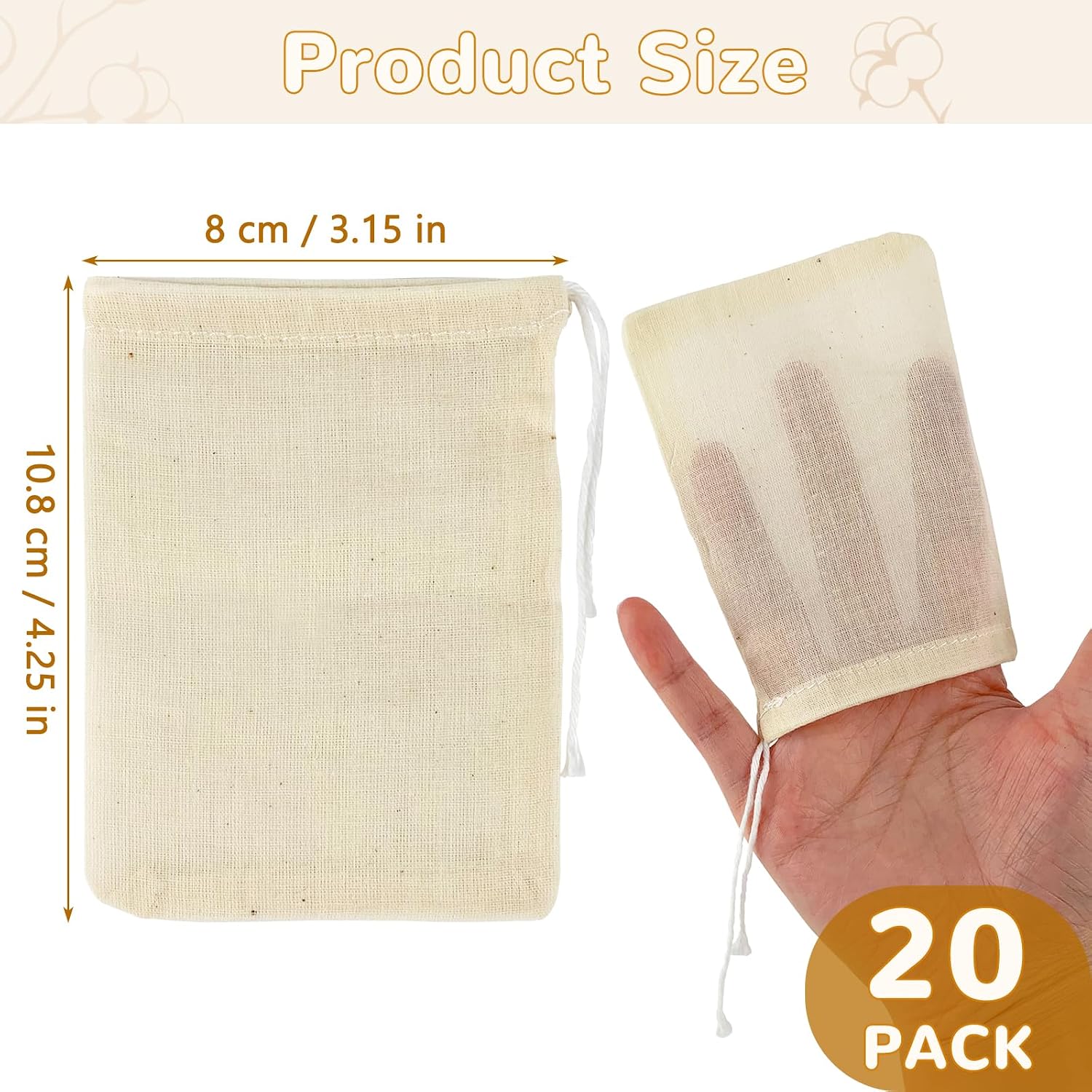 20Pcs Cotton Cooking Spice Bags, 4.25in×3.15in, Soak-Resistant & Boil-Resistant, Strainer Cooking Soups as Spice Bags, Reusable Tea Bags