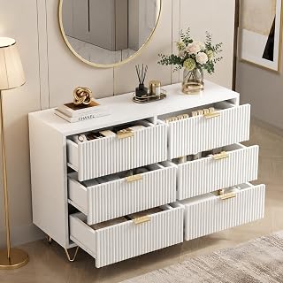 White Chest of Drawers 6 Drawers 100cm Dresser for Bedroom, Modern Storage Cabinet with Drawers, Metal Legs for Living Room, Bedroom, Dining Room (White, 6 Drawers, 100 * 34 * 73 cm)