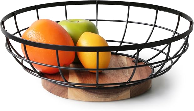 WILDMOS Fruit Basket, Black Wire Basket with Acacia Wood Base, Large Fruit Bowl for Countertop, Black Basket for Storing Fruits, Bread and Vegetables 12"