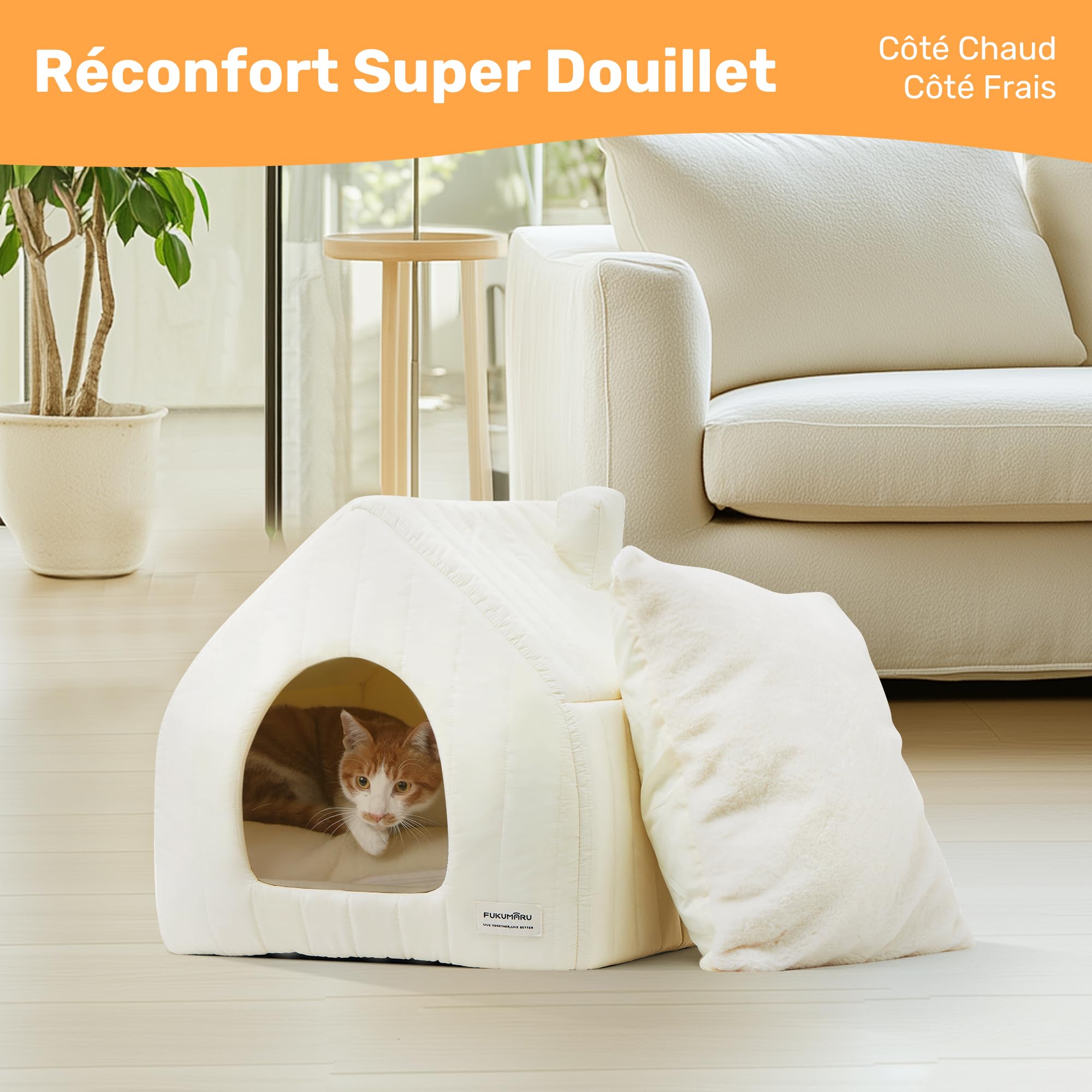 FUKUMARU Lits pour Chats d'Intérieur, 2 en 1 avec Coussin Amovible et Lavable pour Chiot et Lapin, 45 cm Maison Chaude pour Chat, Cachette Fermée avec Fond Anti-Dérapant, Tente pour Chat Confortable