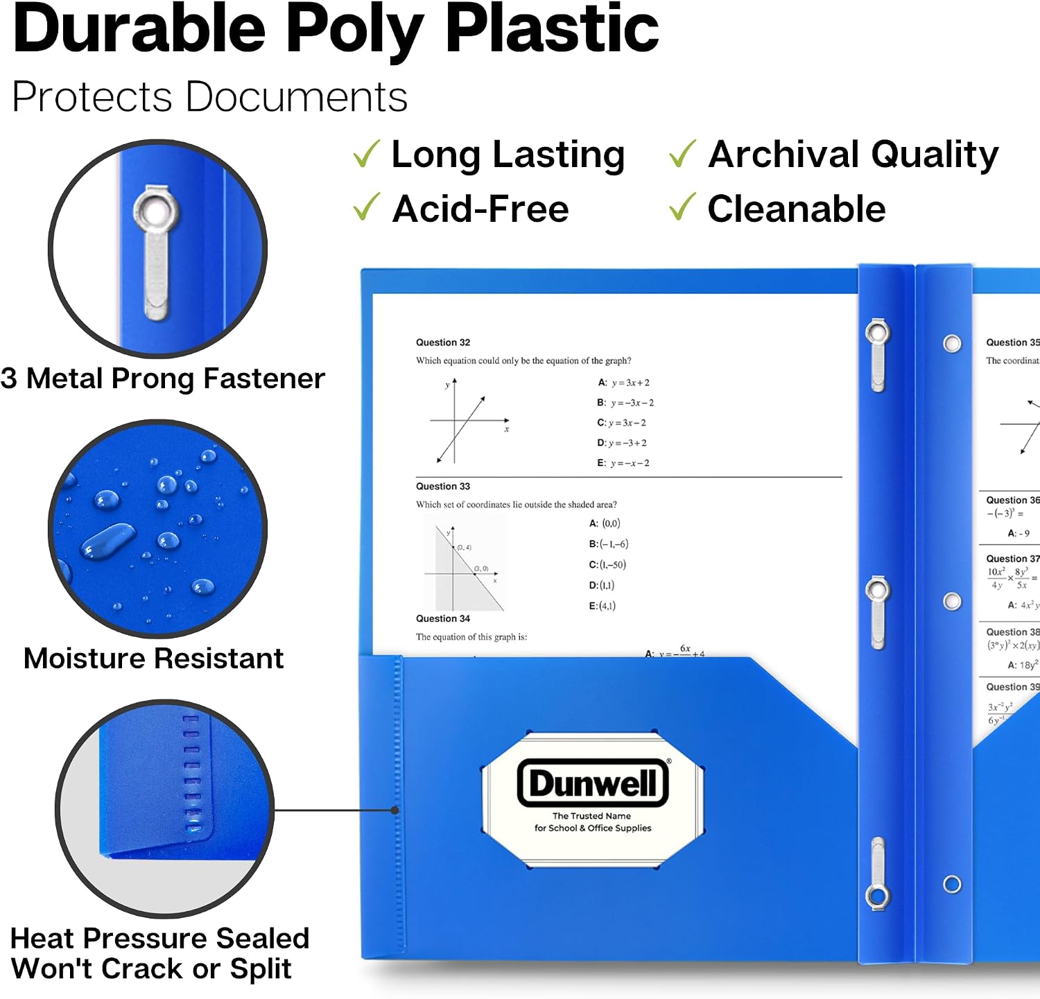 Dunwell Plastic 2-Pocket Folders with 3 Prongs, Blue, 2 Pack, Poly image 2