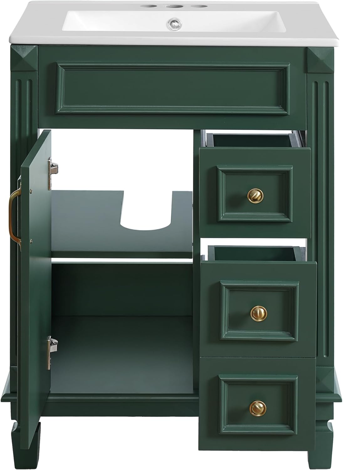 24 Inch Green Bathroom Vanity with Ceramic Sink & Integrated Countertop,Modern Bathroom Vanity with Right Drawers & Adjustable Shelf,Soft Closing Doors,Solid Wood Frame,French Embossed Front