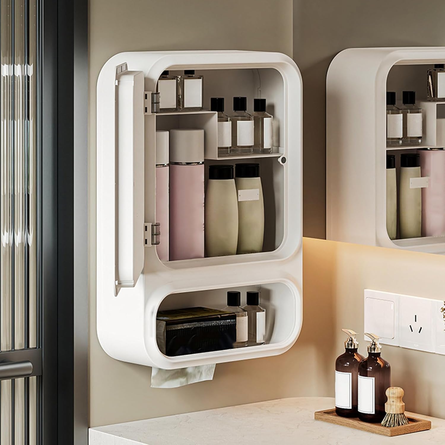 Bathroom Mirror Cabinet - Wall Mounted Storage, Led Light Organizer, Magnetic Door Tissue Dispenser, Modern Decor | Bathroom Wall Cabinet with Mirror for Shampoo Makeup Toiletries Storage Organization