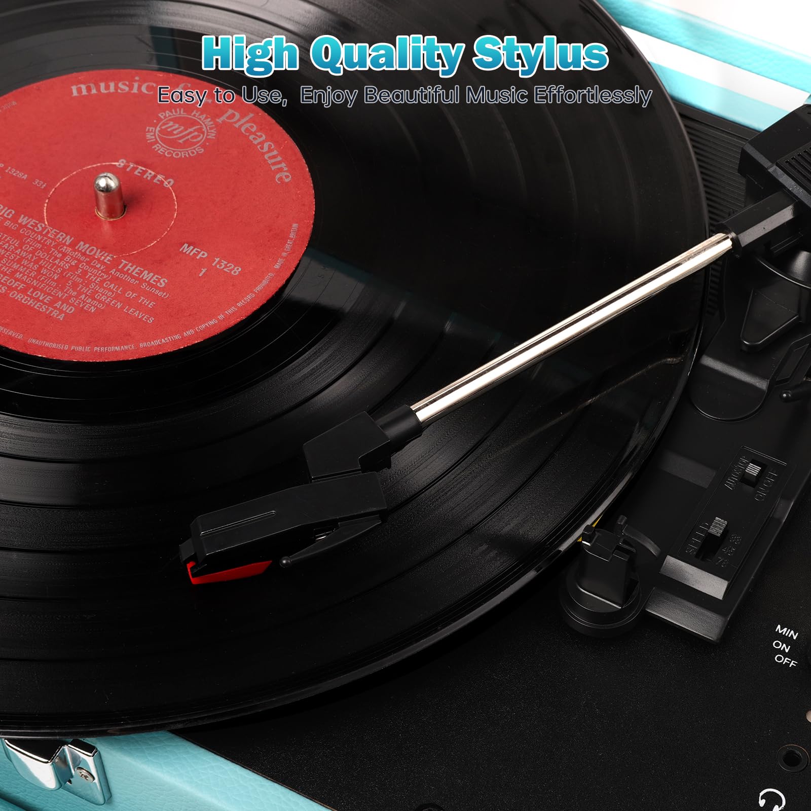 Giradischi Vinile, VOKSUN Giradischi Portatile Vintage con Altoparlanti Incorporati, Bluetooth In/Out Lettore LP Vinile con 3 Velocità, Valigia USB, In AUX, Linea RCA, Jack Cuffie, Auto-Stop (Blu)
