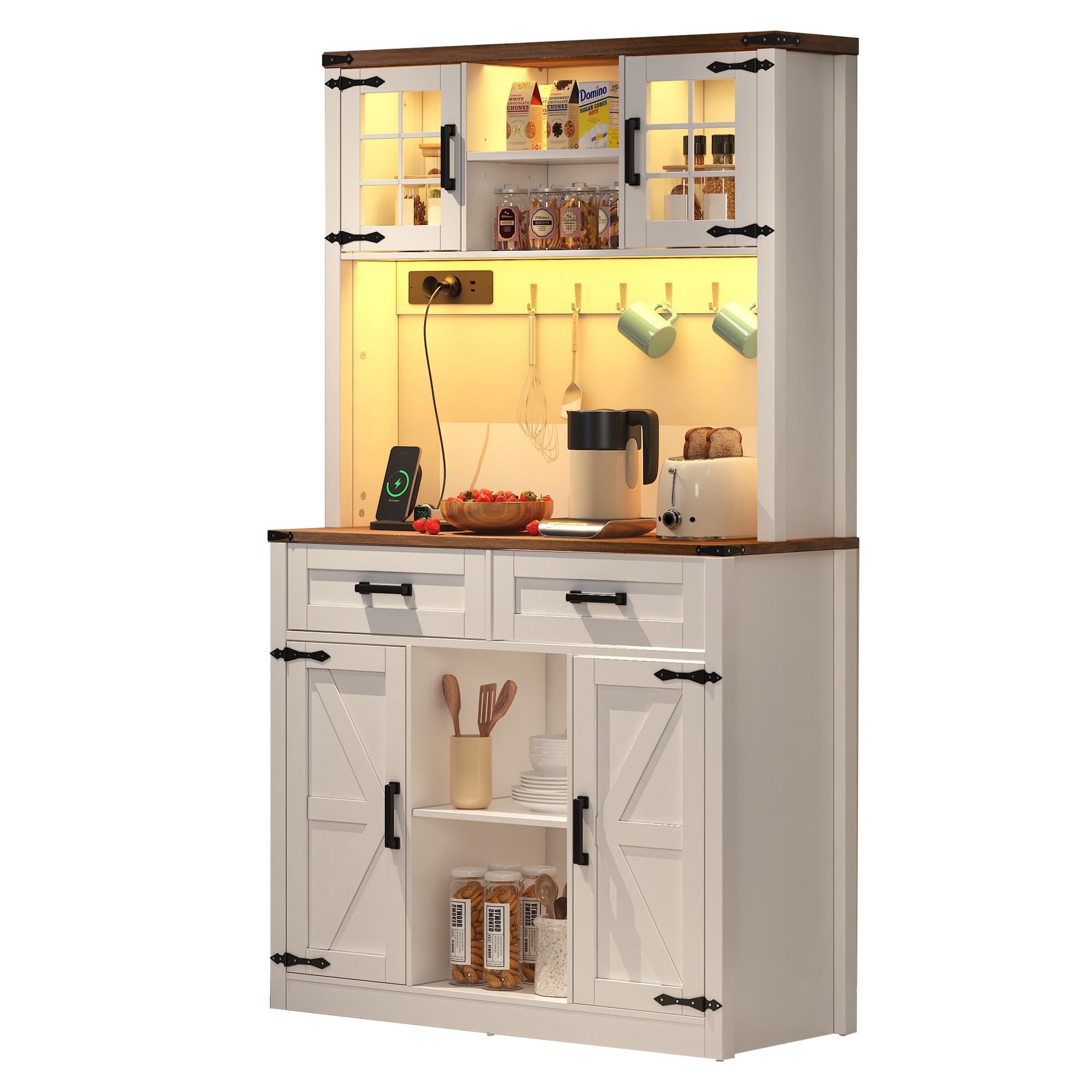 Armadio da bar con illuminazione a LED e prese, grande armadio da cucina con 2 cassetti grandi, design porta fienile, ripiani regolabili, tavolino da caffè-bar (bianco-2)