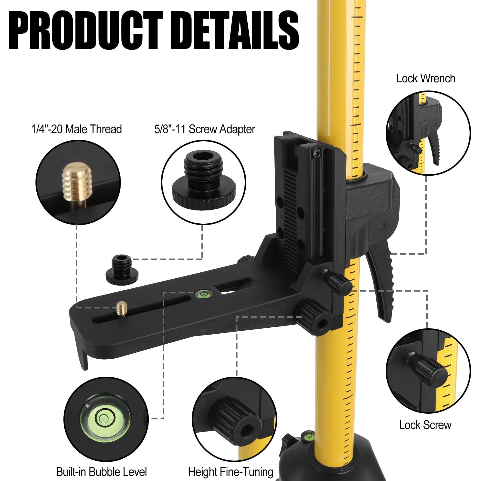 Perche Télescopique Réglable 3,7 m avec Trépied,Laser Level Tripod avec Base de Montage de 1/4“ x 20” et Adaptateur Fileté 5/8"-11 pour Les Niveaux Laser Rotatifs et Linéaires