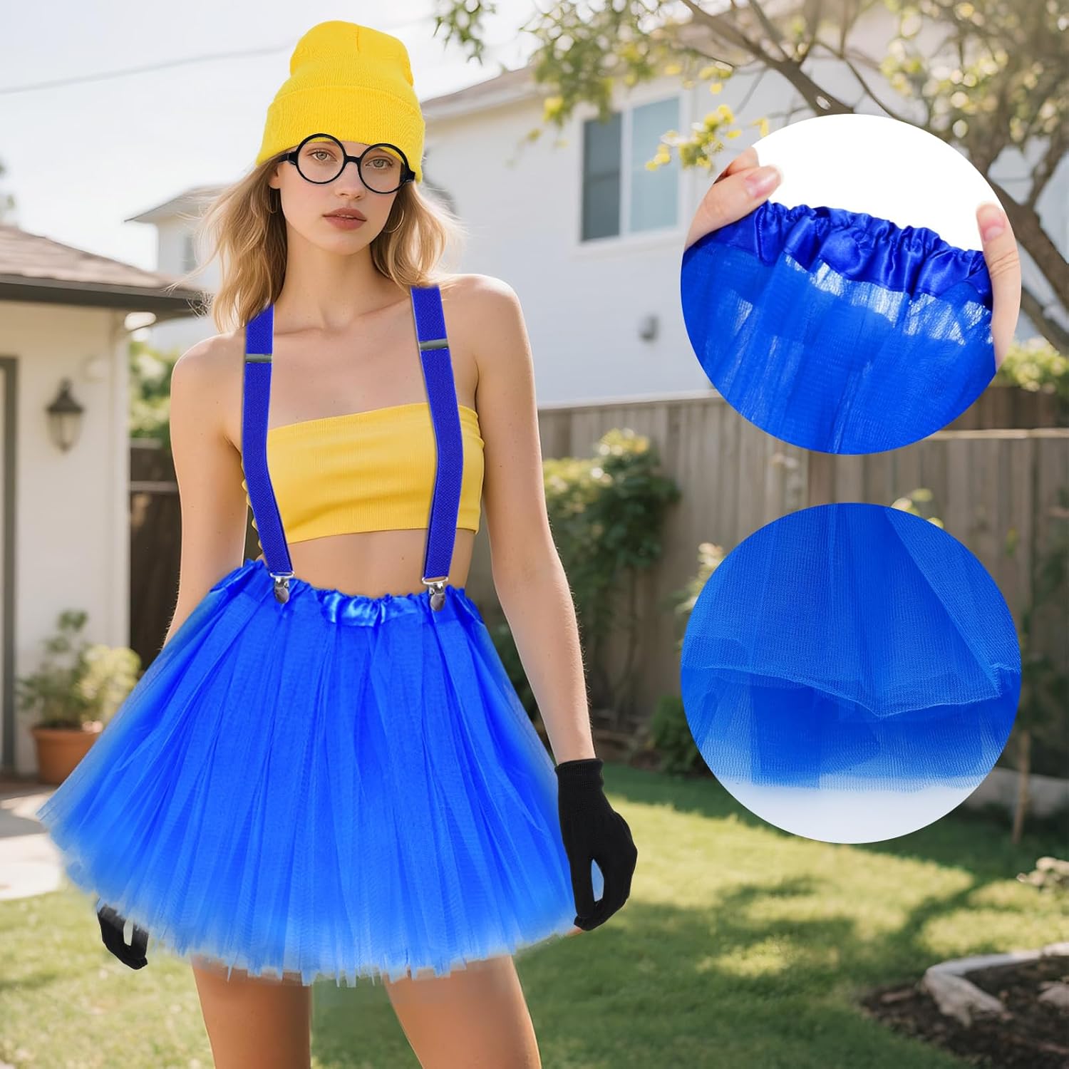 6Pcs Halloween Costume Set for Adult Yellow Beanie Hat Blue Tutu Dress Black Round Frame Glasses Gloves Suspender Leg Warmers - Image 5