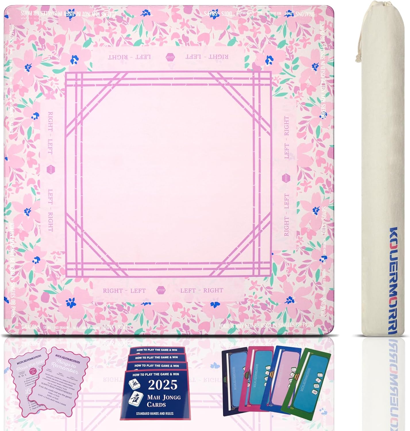 Blue Mahjong Rubber Mat Set, 32.6x32.6 Inches with 4 Playing Instructions, 2 Tile Mixers, Anti-Slip, Silent, Waterproof and Foldable for Mahjong/Card Games/Board Games