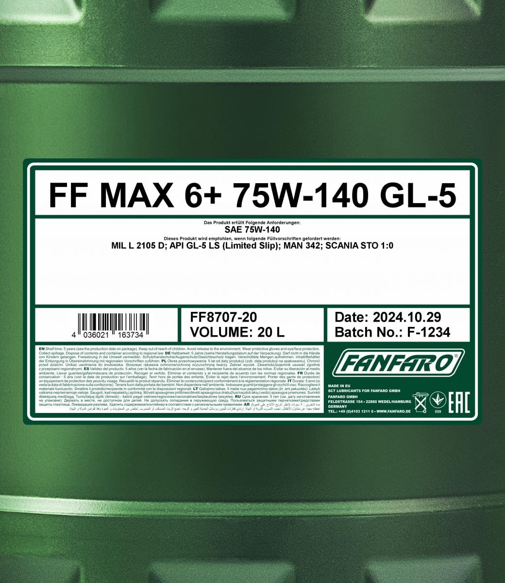 1 X 20L Fanfaro MAX-6+ 75W-140 GL-5 de Deslizamiento Limitado/Transmisión Manual Eje Aceite