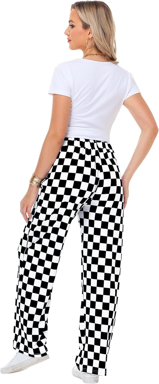 Remimi Womens Checkered Pants Casual Loose Wide Leg Sweatpants with Pockets - Image 7