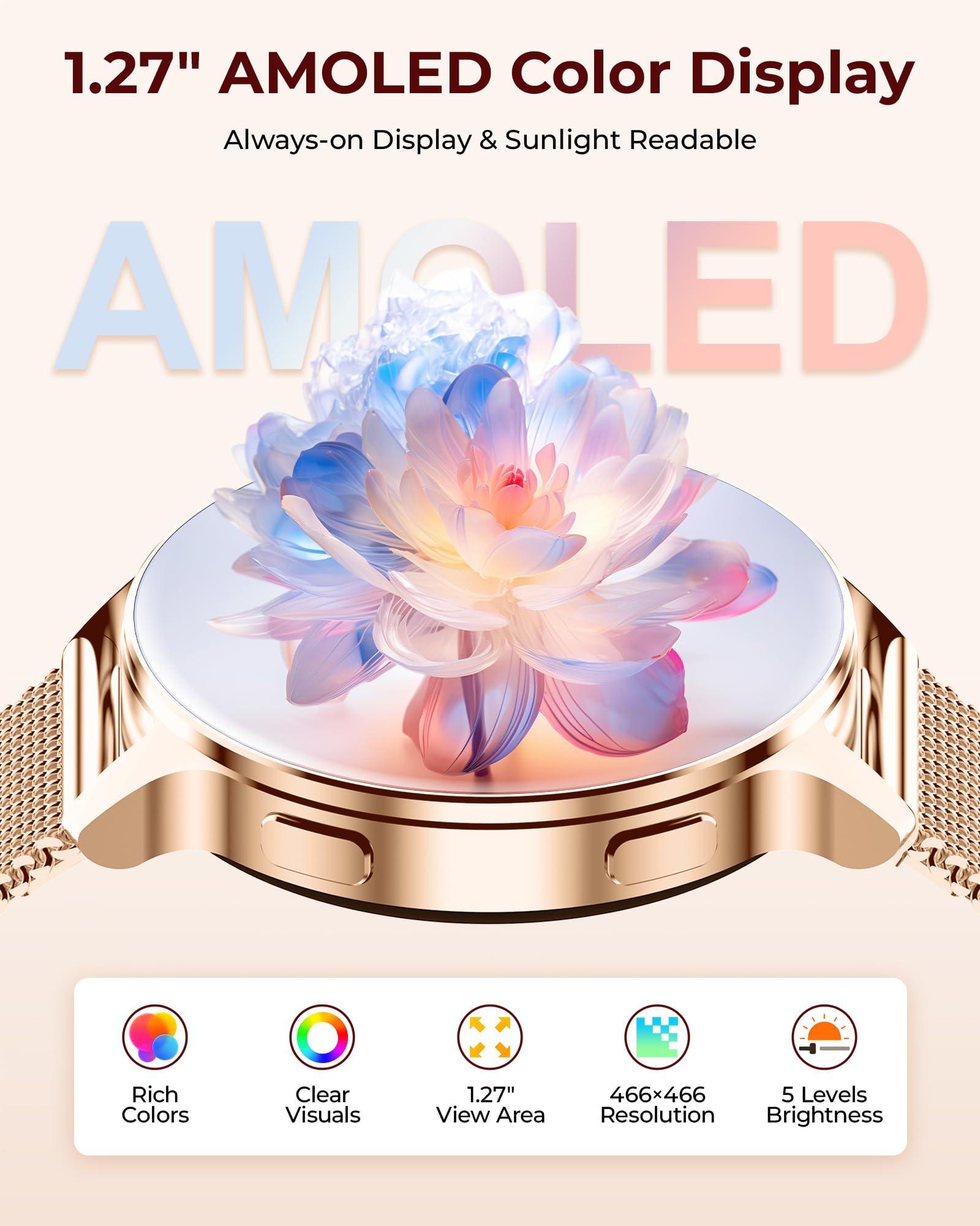 Smart Watches for Women, 1.27″ AMOLED Fitness Tracker with Heart Rate SpO2 Sleep Monitor, 3 Bands, 120+ Sport Modes, Call & Notifications, Smartwatch for Android & iPhone Compatible, 40 mm Rose Gold