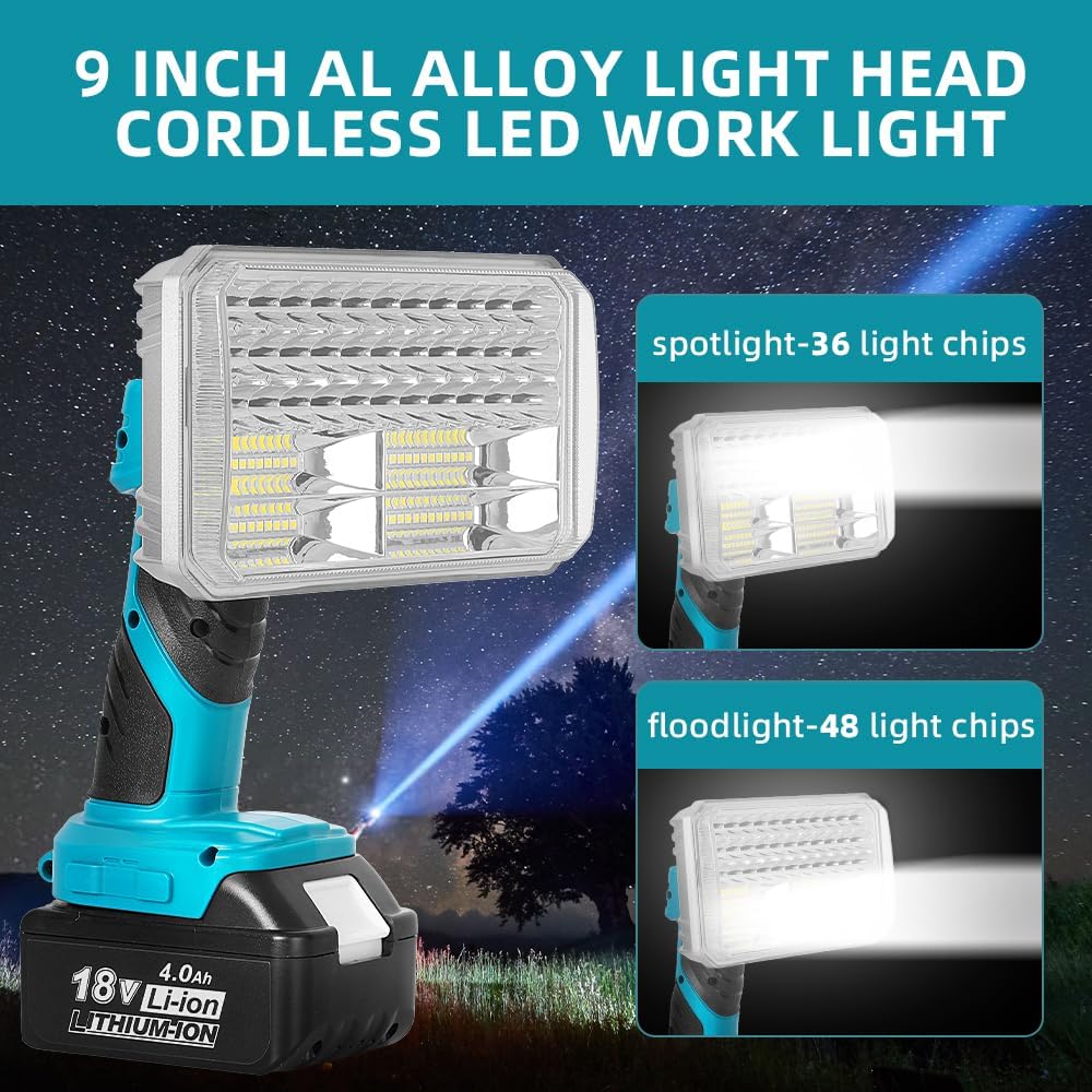 4200LM Light for Makita 18V Li-Ion Battery, Cordless LED Work Light with 90°Adjustable Al Alloy Head, Spotlight with 3 Brightness Modes and USB Port, Flashlight for Emergency (No Battery)