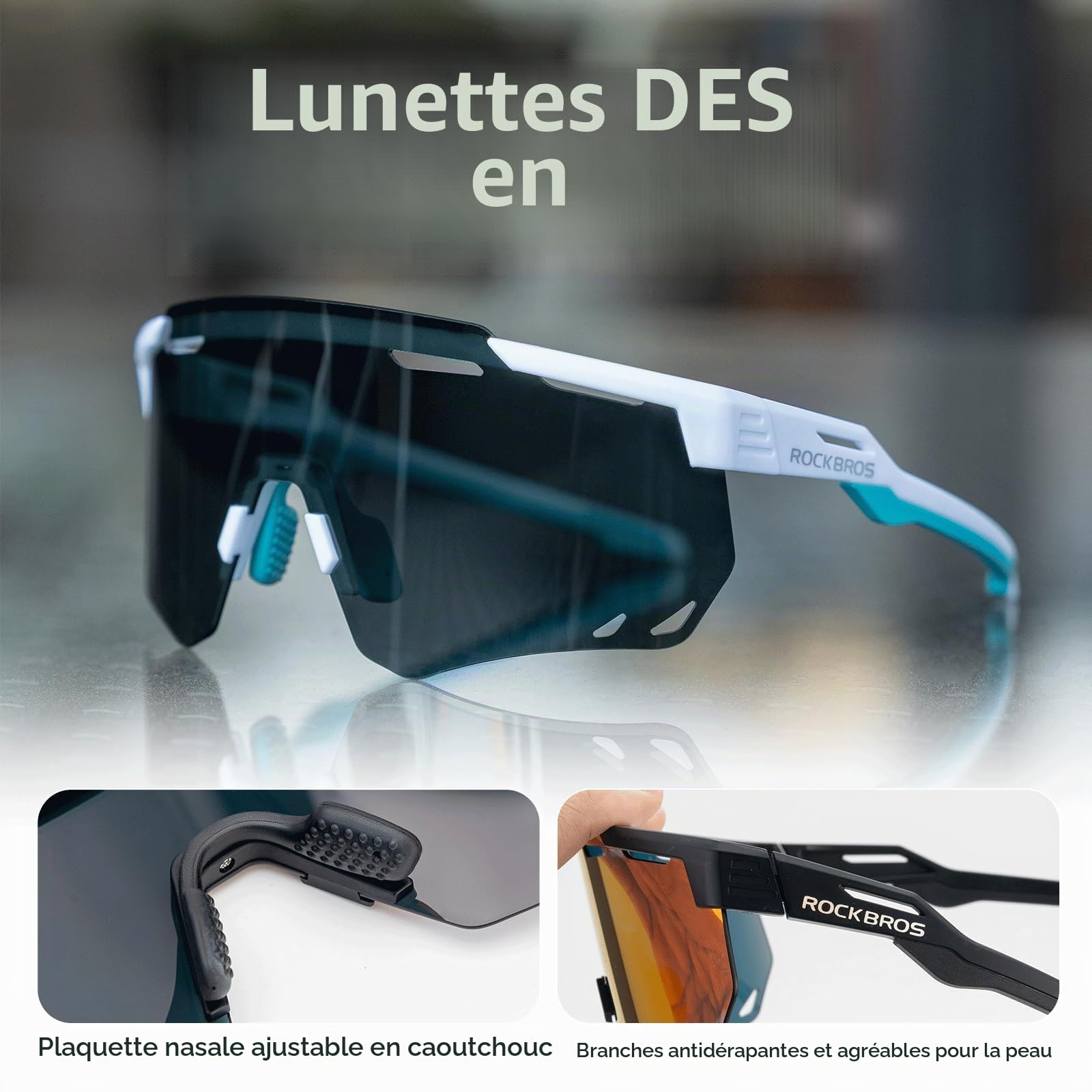 ROCKBROS Lunettes de Soleil Cyclisme Photochromiques Homme Femme, Lunettes Vélo Route VTT Cadre TR90, Lunettes de Sport de Plein Air Protection UV400 pour Course Running Conduite Pêche
