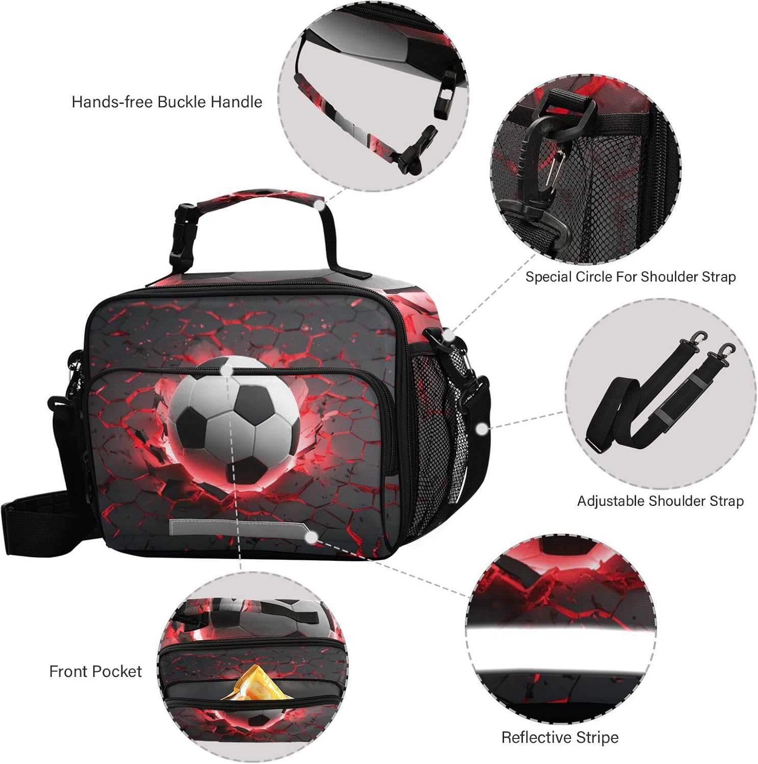Dussdil Soccer Ball Red Lighting Lunch Bags for Boy Men Lunch Box Insulated Thermal Cooler Bag Reusable Organizer Tote Lunch Bag with Adjustable Shoulder Strap for Work Picnic Beach Sporting - Image 4