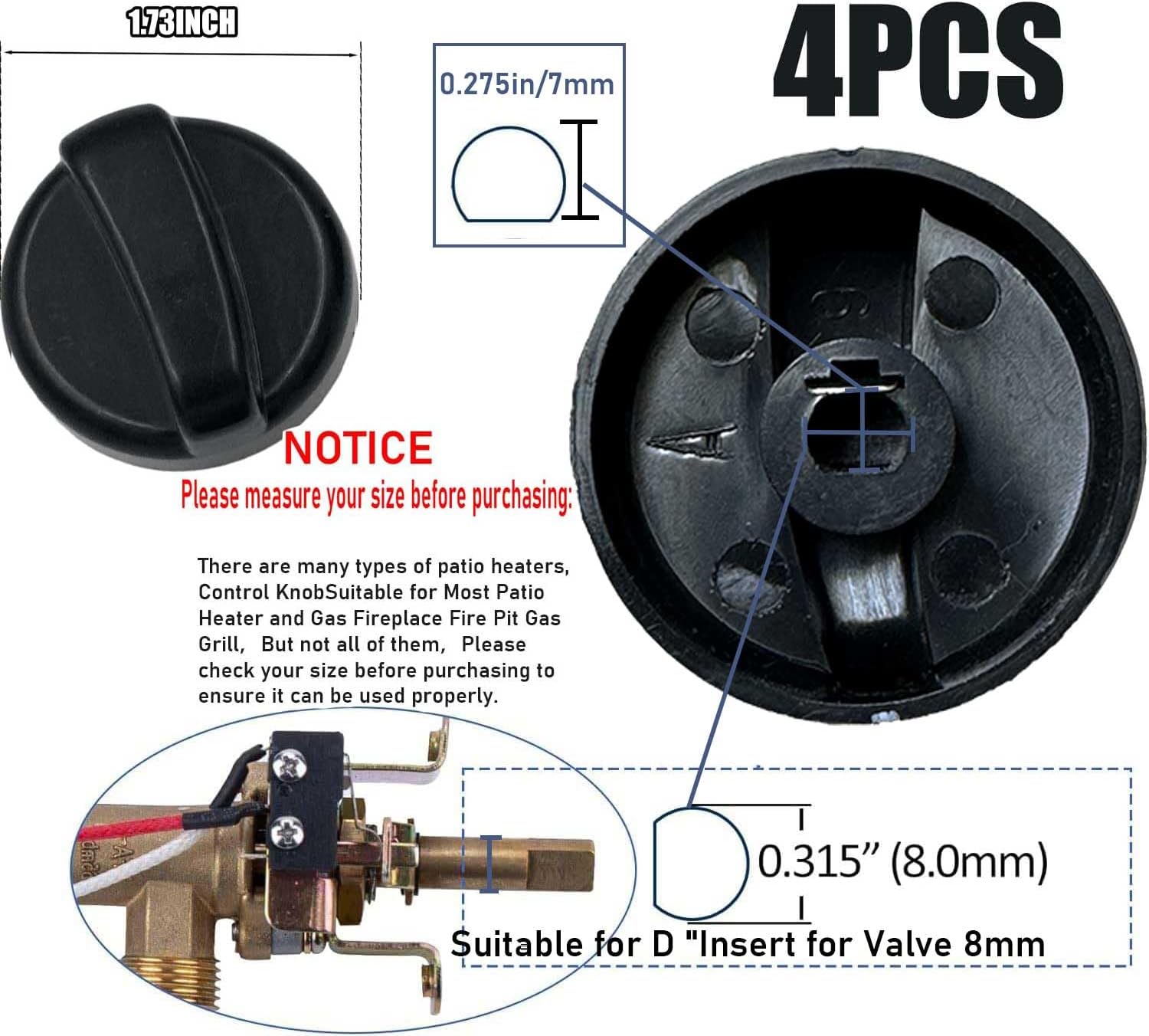 4-Pack Control Knob for Patio Heater, Patio Heater Control Knobs Replacement Parts, D Insert for Valve 8mm Suitable for Patio Heater Pyramid Patio Heater