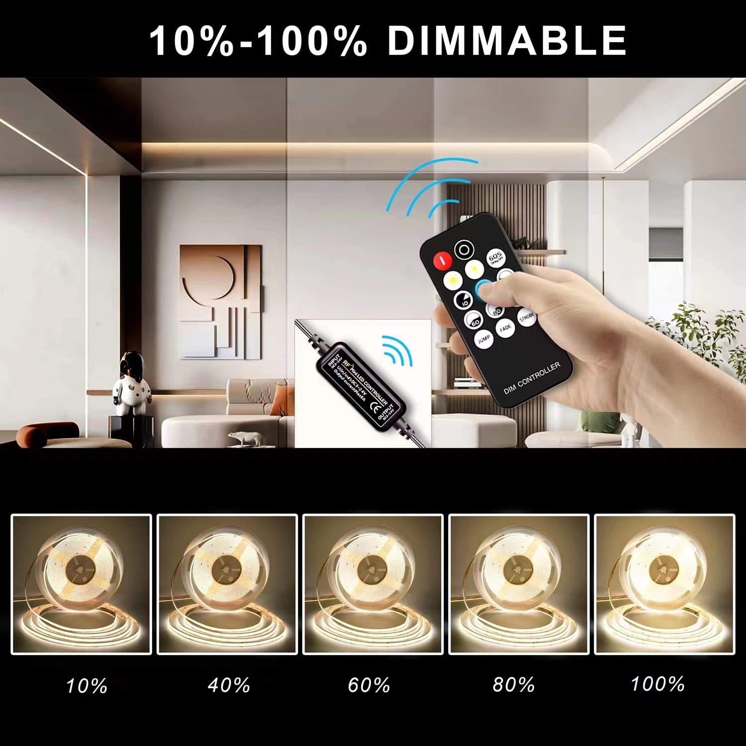 TTWAY Striscia LED COB 10M, 6000K Striscia LED Bianco Freddo con Alimentatore GS, Telecomando RF, 384LEDs/m, Larghezza 8mm, CRI>90, Striscia Luce per Bar, Feste, TV Decorazione Camera Letto