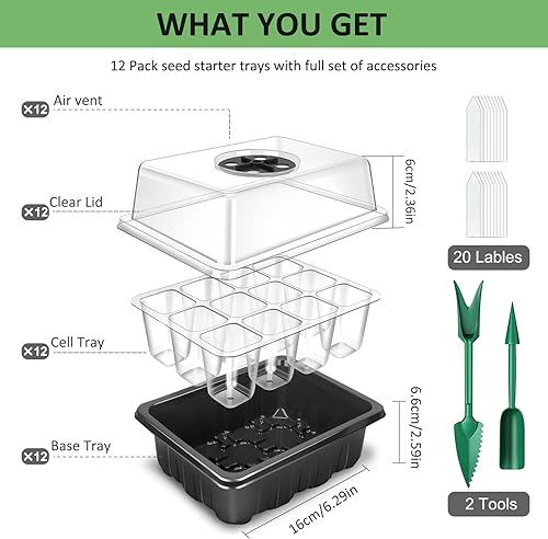 Miniatura 6 de YAUNGEL Bandejas de inicio de semillas, paquete de 12 bandejas de semillas gruesas de 144 células con cúpula de humedad, tapas transparentes,