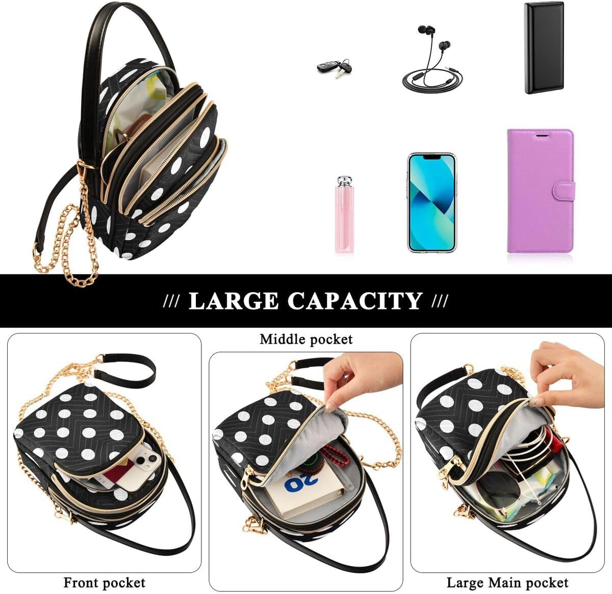 ALAZA Polka Dot Black Fashion Crossbody Bag Small Shoulder Handbags Leather Purse for Women