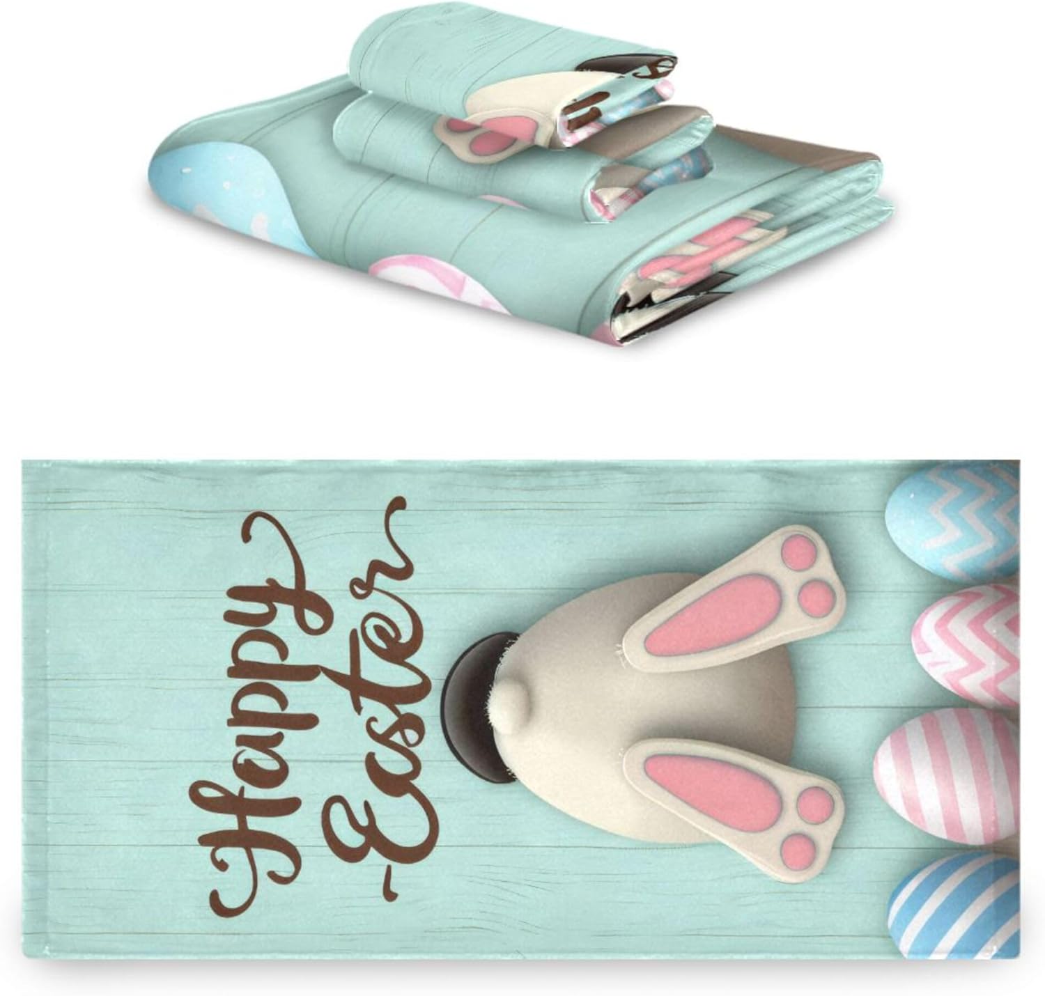 Qilmy 3-Piece Easter Bunny Towel Set Bath Towel, Hand Towel and Washcloth Super Soft Absorbent Towel Set for Hotel Bathroom Gym Spa and Beach