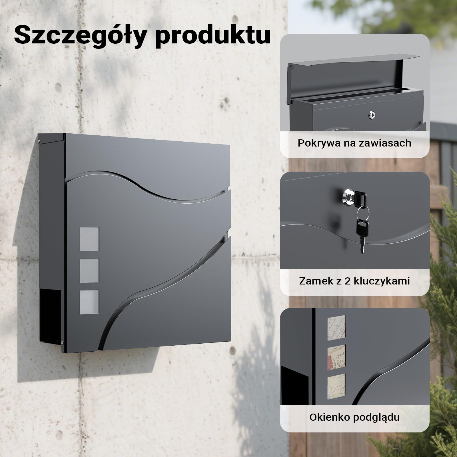 Wiltec Skrzynka na listy antracytowa V28, stalowa z ukrytym zamkiem i wizjerem, skrzynka pocztowa do montażu na ścianie i stojaku z miejscem na gazety