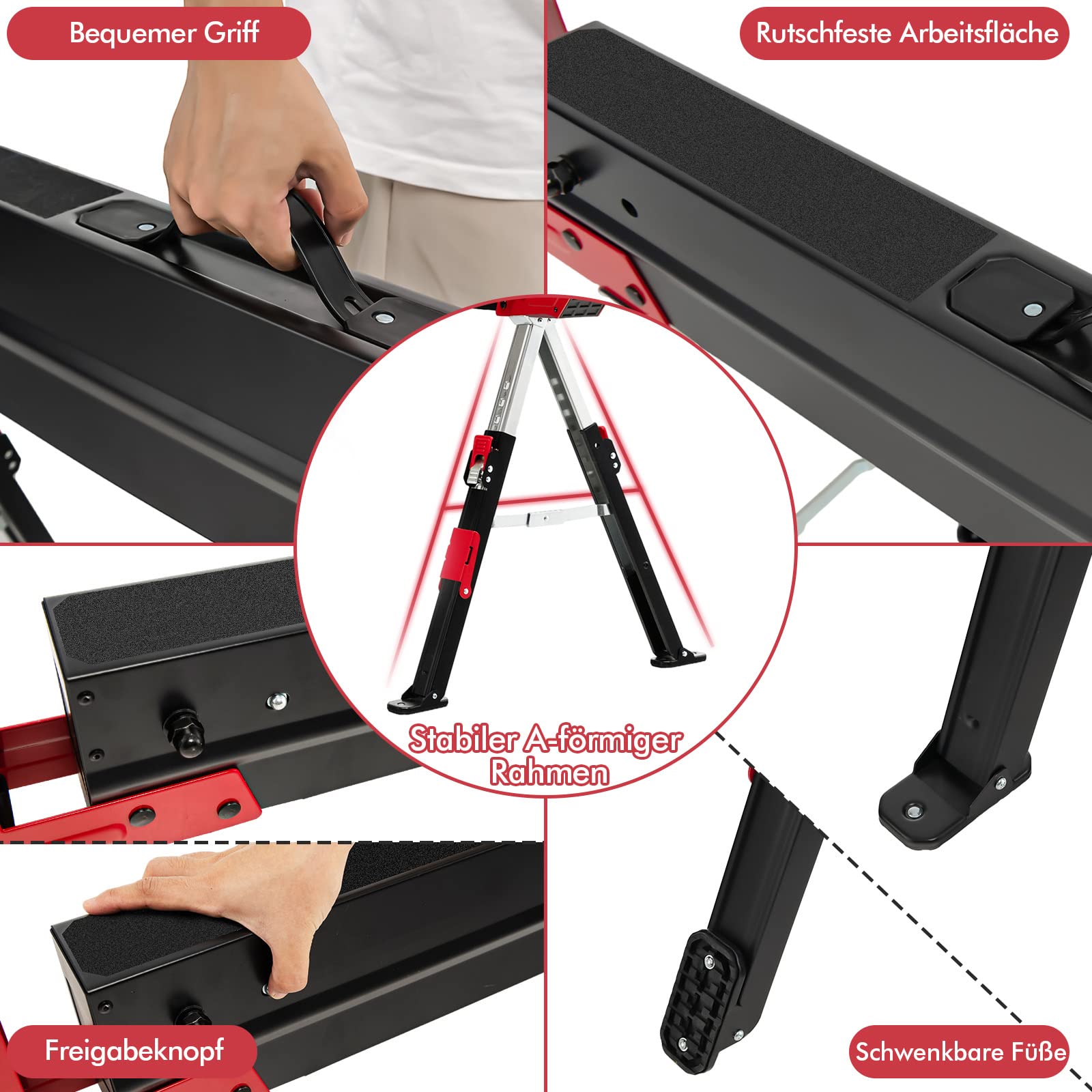 GYMAX 2er Set Sägebock höhenverstellbar 61,5–82,7 cm, tragbarer Arbeitsbock bis 1180 kg belastbar, klappbarer Unterstellbock, Werkstattbock mit Anti-Rutsch-Auflage & Tragegriff, Schwarz+Rot
