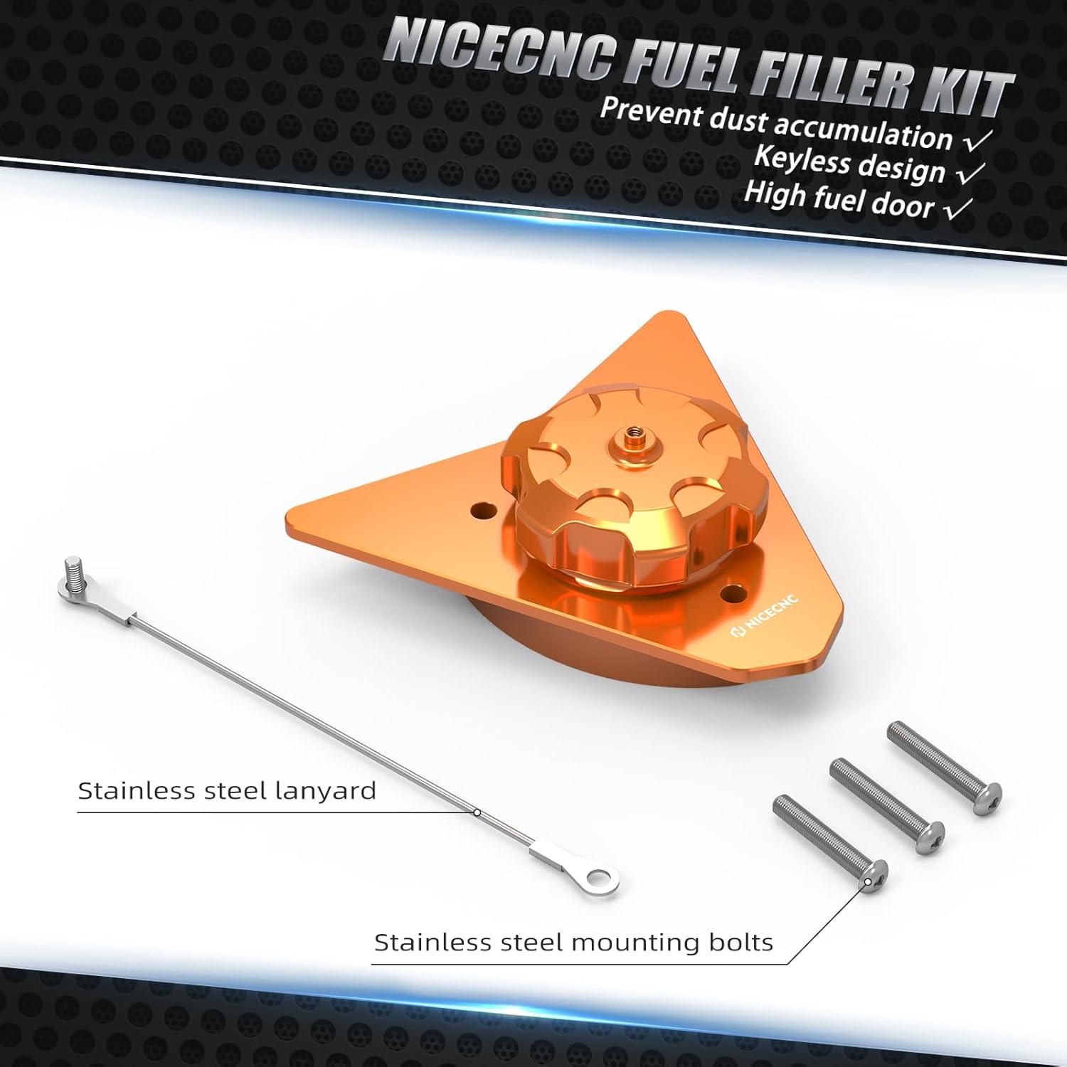 NICECNC Fuel Filler Keyless Fuel Door Fuel Neck Cap Cover Compatible with 690 Enduro/R & SMC/R 2008 2009 2010 2011 2012 2013 2014 2015 2016 2017 2018, with Stainless Steel Tethering Lanyard, Orange