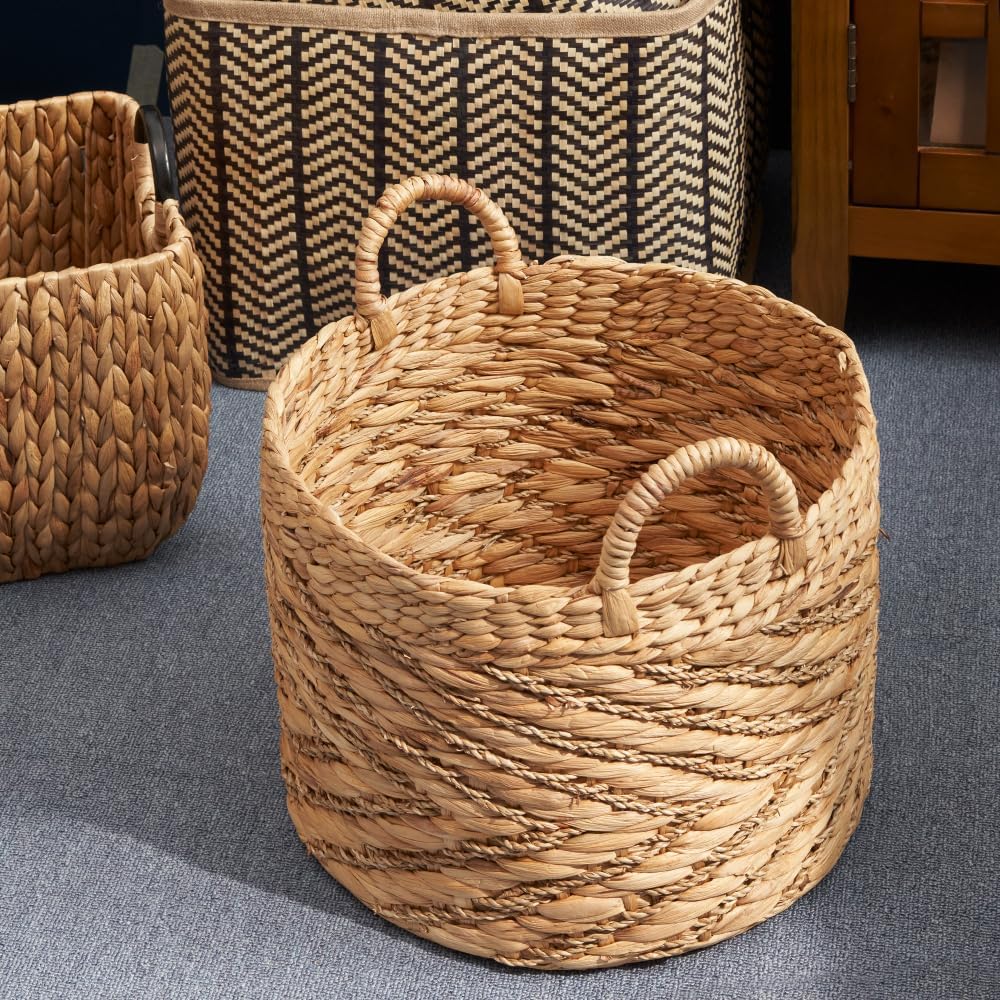 Round Water Hyacinth Seagrass Woven Basket with Handles - 15" x 15" x 11.8" Natural Brown Storage for Clothes, Towels, Toys, Magazines - Farmhouse Home Decoration