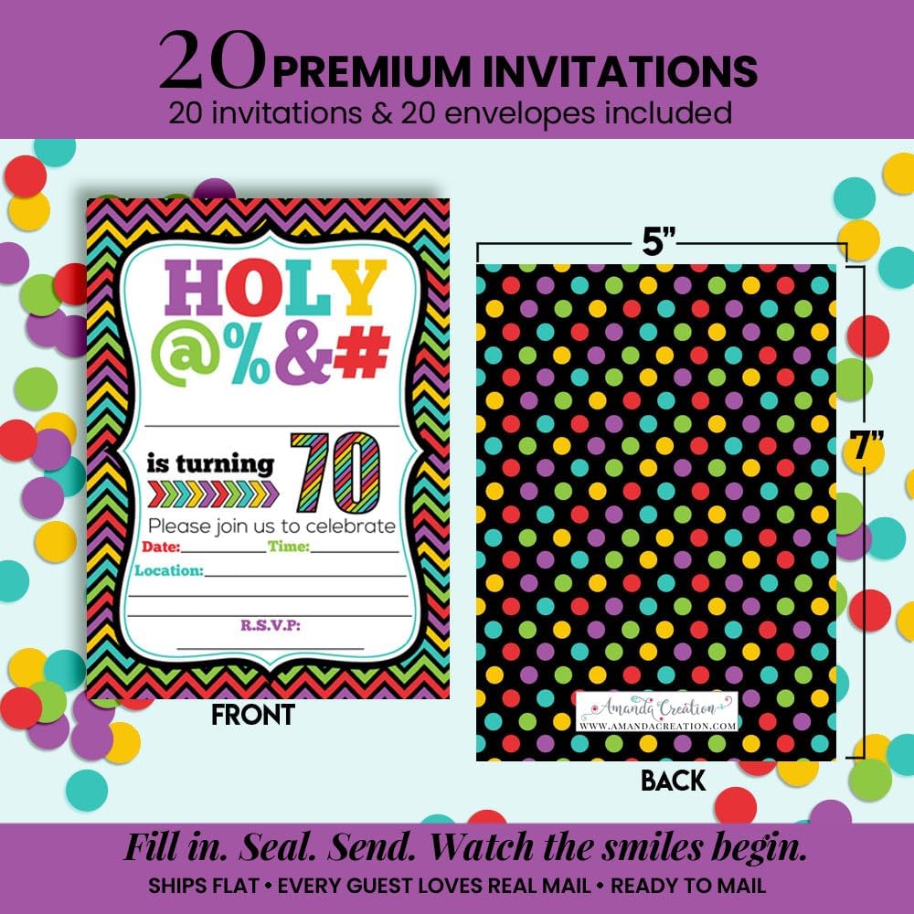 HOLY @% 70th Birthday Party Invitations, 20 Funny 5x7 Fill In Cards with Twenty White Envelopes for Milestone Birthdays by AmandaCreation