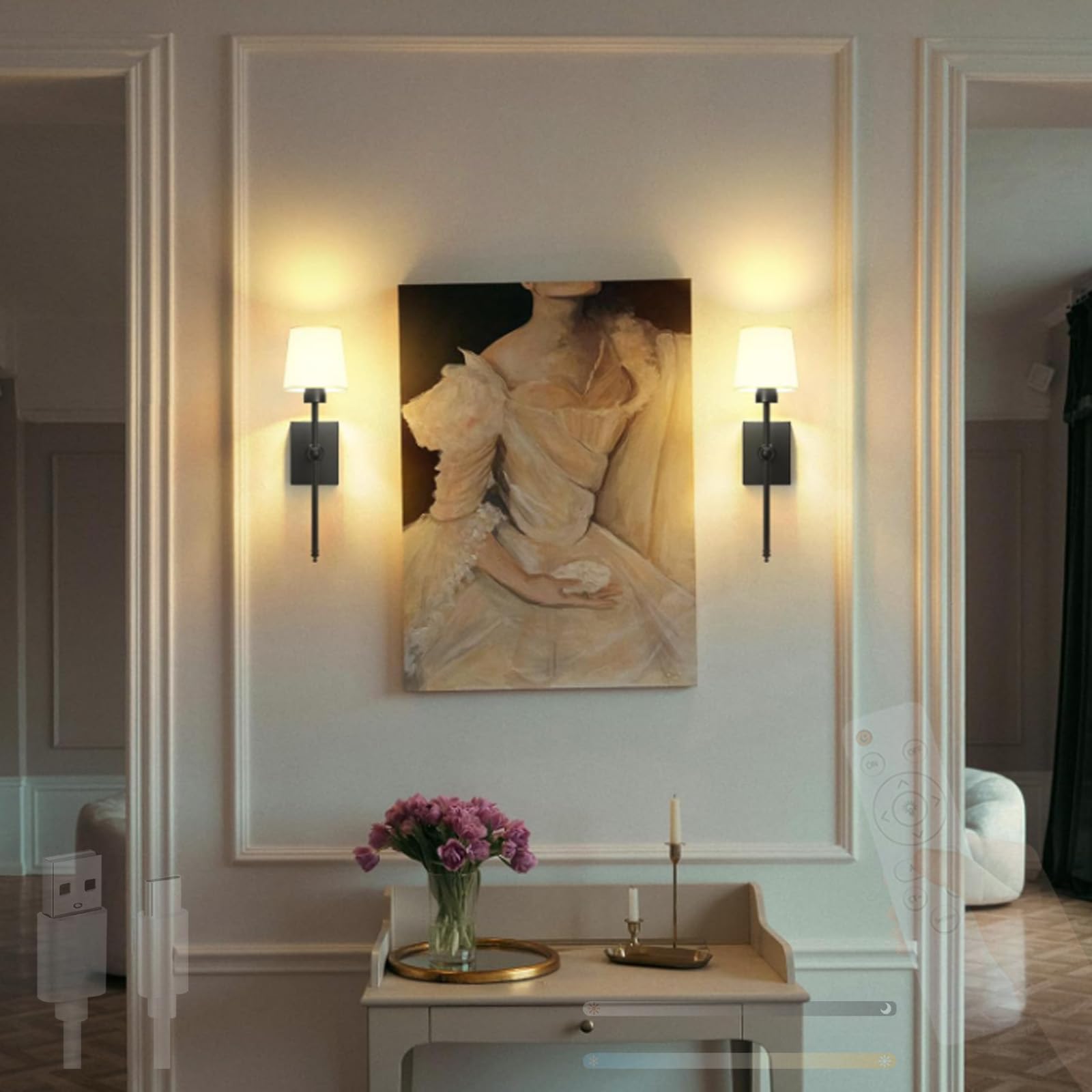 Modern LED Indoor Wall Lights USB Rechargeable Wall Sconces with Remote Control Dimmable Wall Lamp 2700K-6500K Iron Fabric Lampshade for Hallway Living Room Bedroom