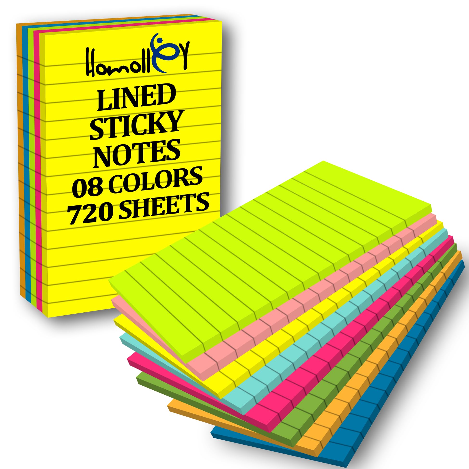 12 Pack Lined Sticky Notes 4x6 Inch – Large Ruled Self-Stick Note Pads (720 Sheets Total, 8 Bright Colors) with Strong Adhesive for Office, School & Home Use