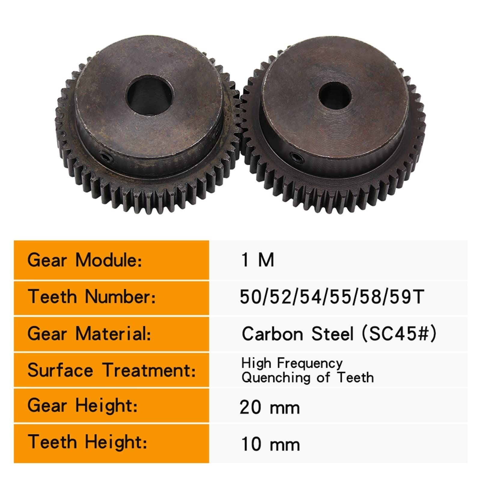 1 Pignon 50-58 dents, module 1 - Engrenage droit en acier au carbone 45 durable pour applications agricoles et mécaniques (54 dents 10 mm)