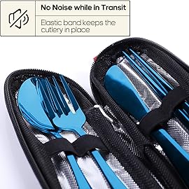Travel Utensils with Case, Quatish Portable Silverware Set for Work, Stainless Steel Reusable Travel Cutlery Set, Fork and Spoon Set for Camping, Picnic, Gadgets, Lunch Box for Men, Blue